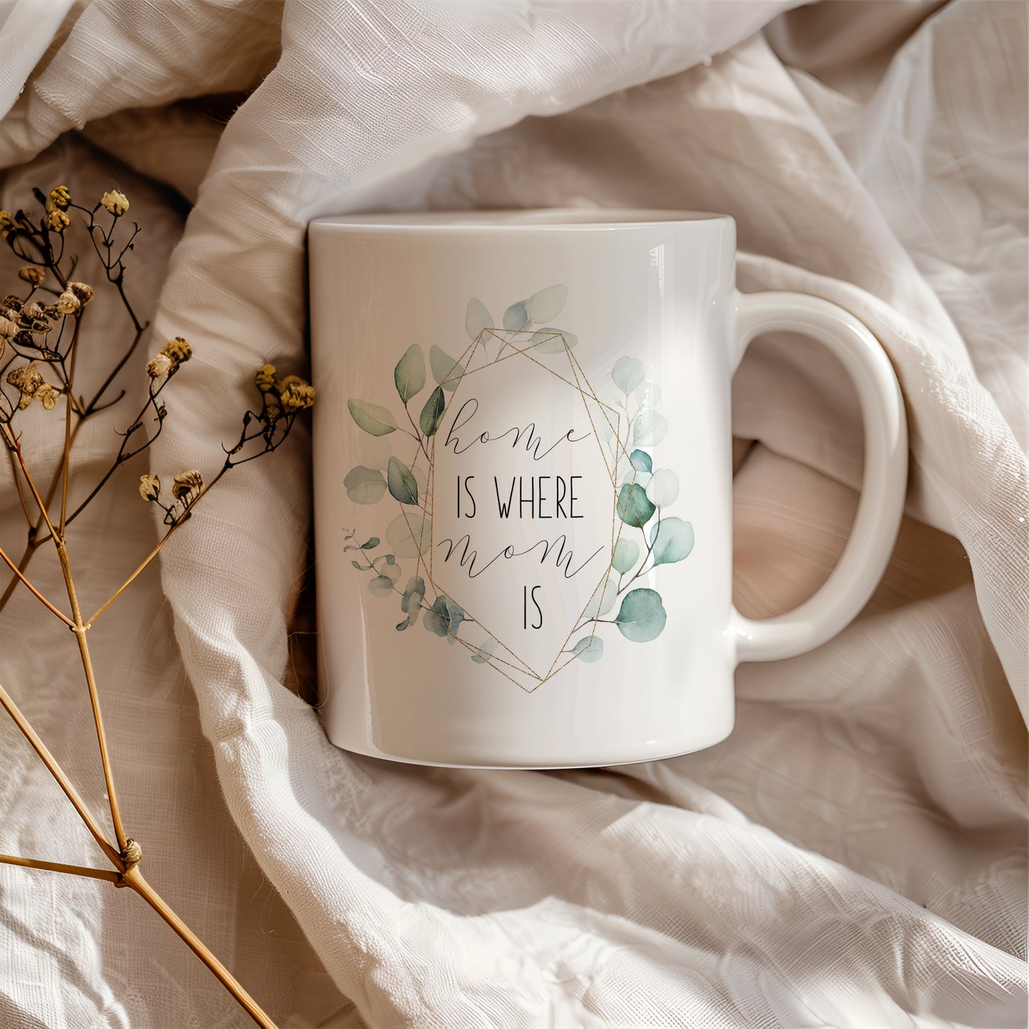 Home Is Where Mom Is with Eucalyptus Greenery Coffee Mug