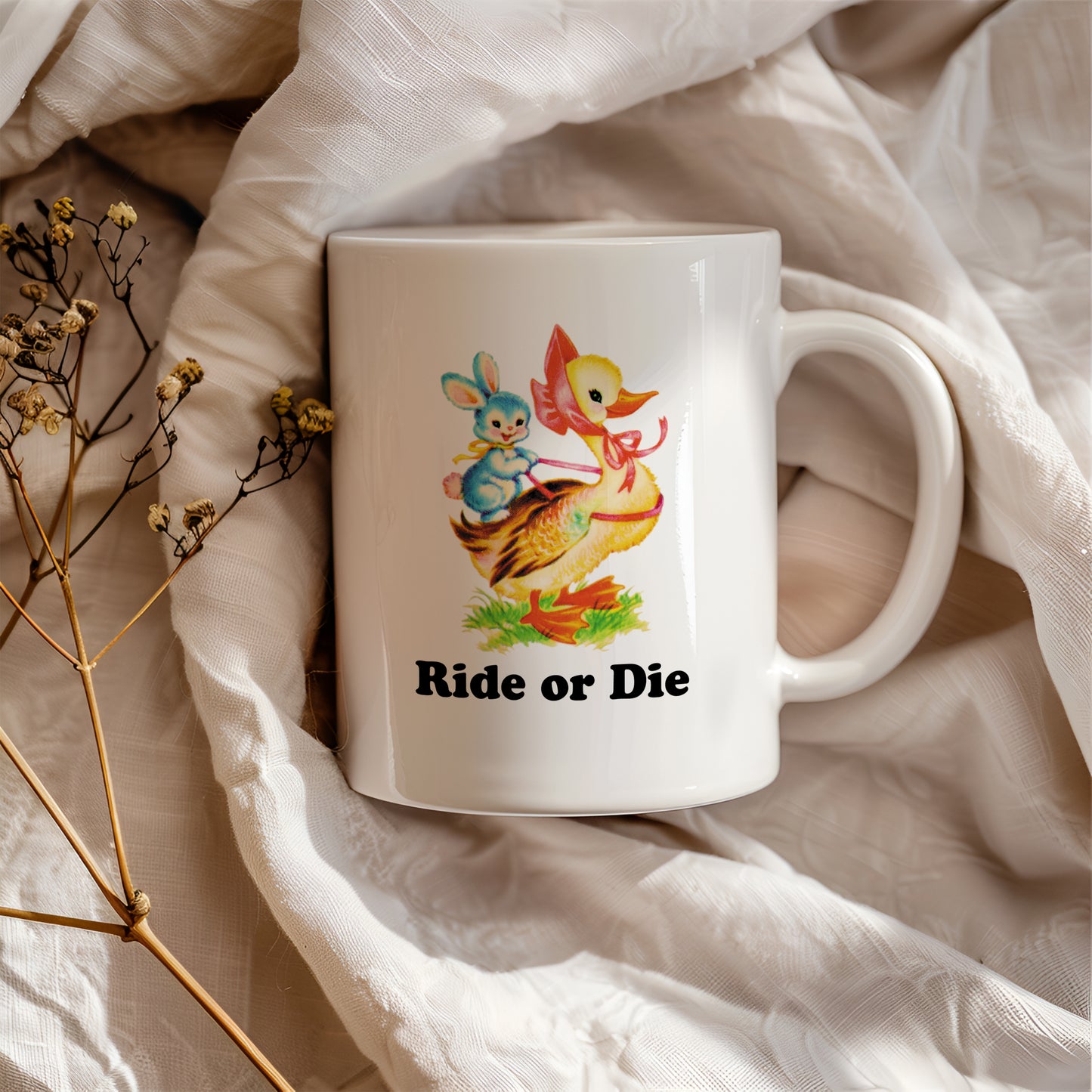 Ride or Die Vintage Storybook Duck and Rabbit Spring Characters Coffee Mug