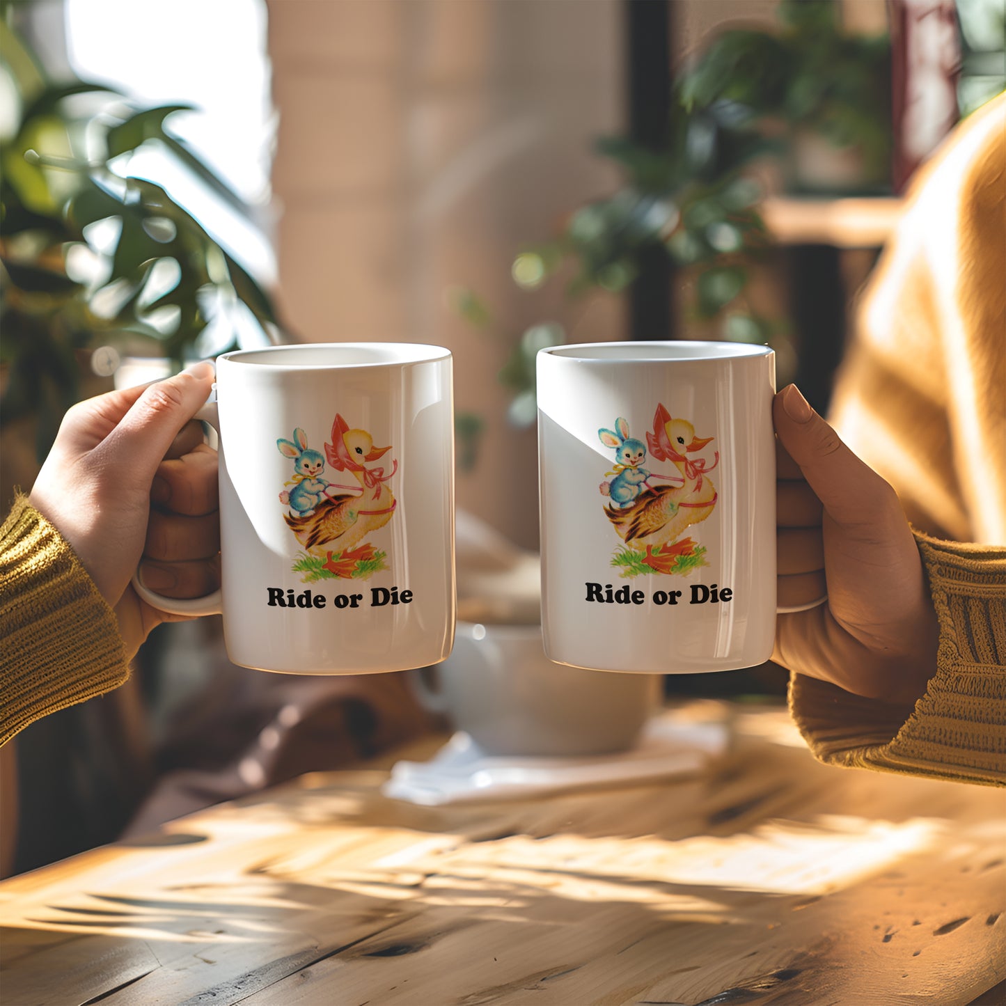 Ride or Die Vintage Storybook Duck and Rabbit Spring Characters Coffee Mug