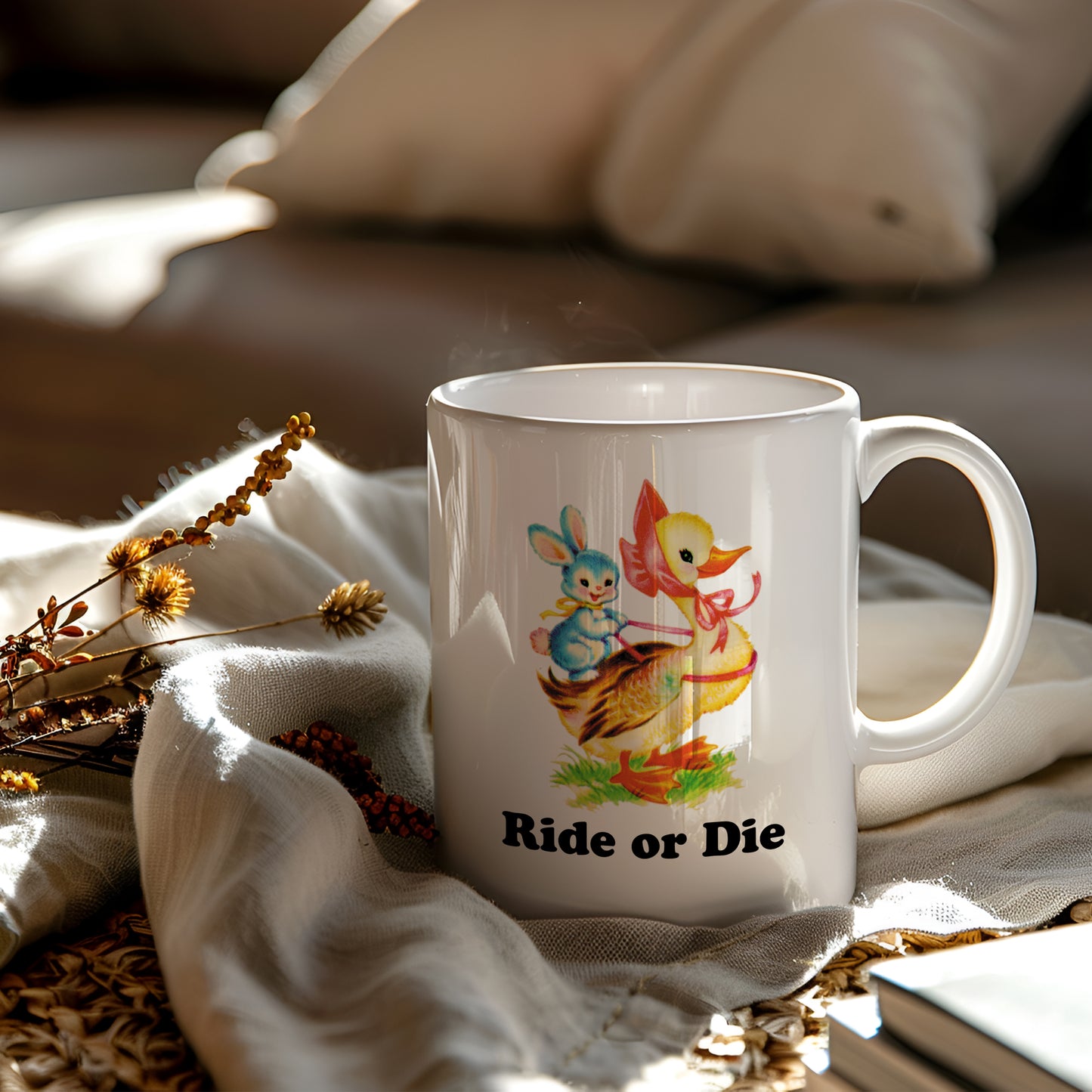 Ride or Die Vintage Storybook Duck and Rabbit Spring Characters Coffee Mug