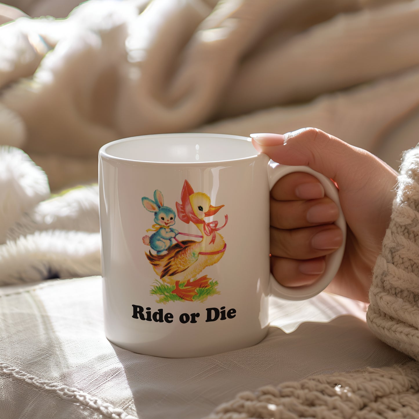 Ride or Die Vintage Storybook Duck and Rabbit Spring Characters Coffee Mug