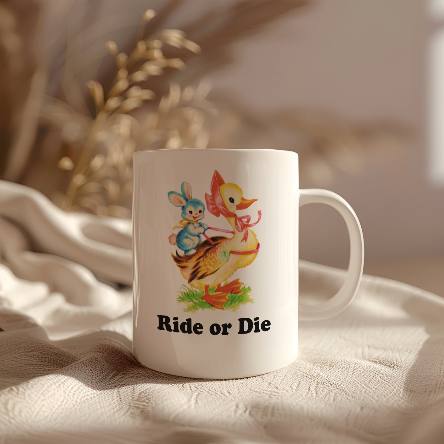 Ride or Die Vintage Storybook Duck and Rabbit Spring Characters Coffee Mug