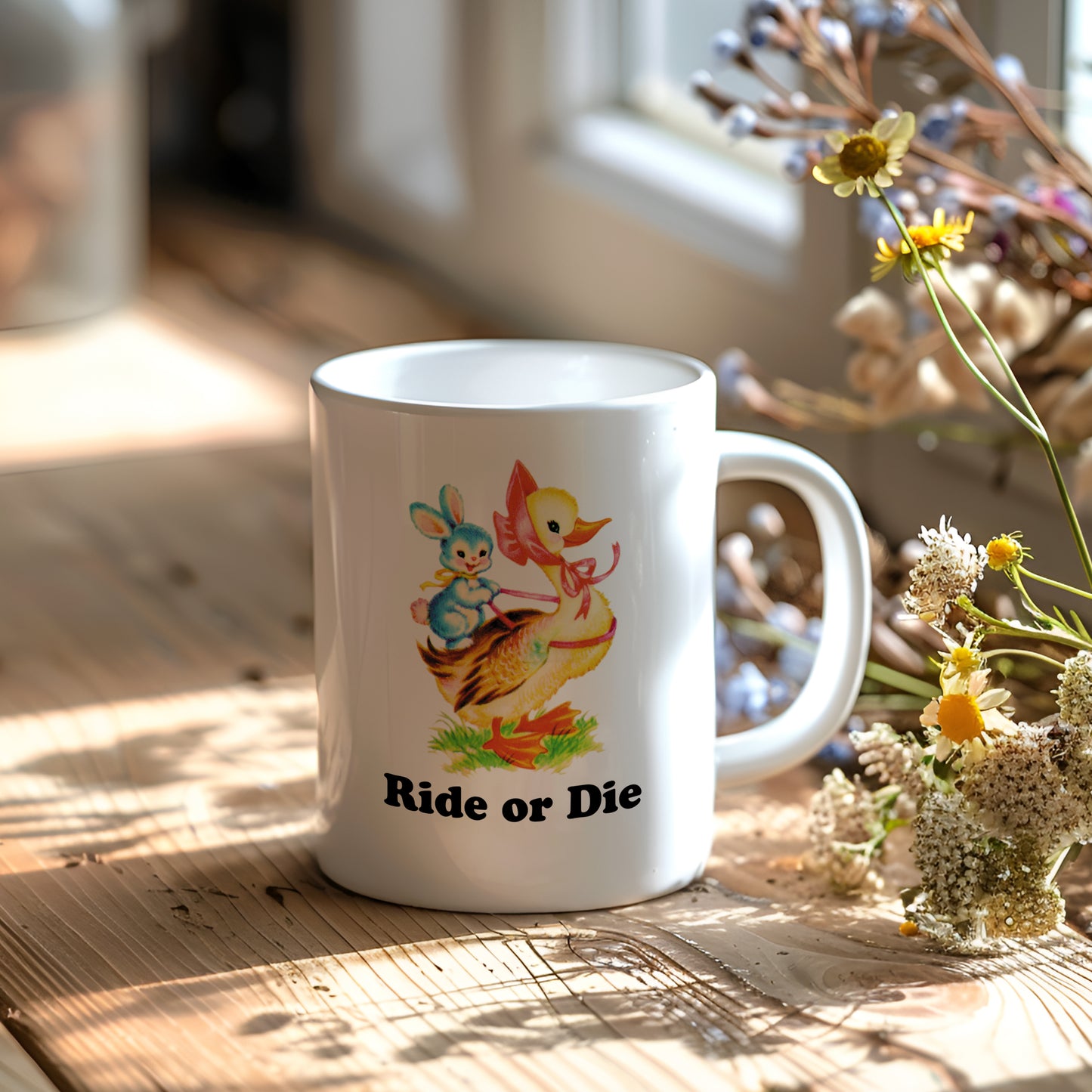 Ride or Die Vintage Storybook Duck and Rabbit Spring Characters Coffee Mug