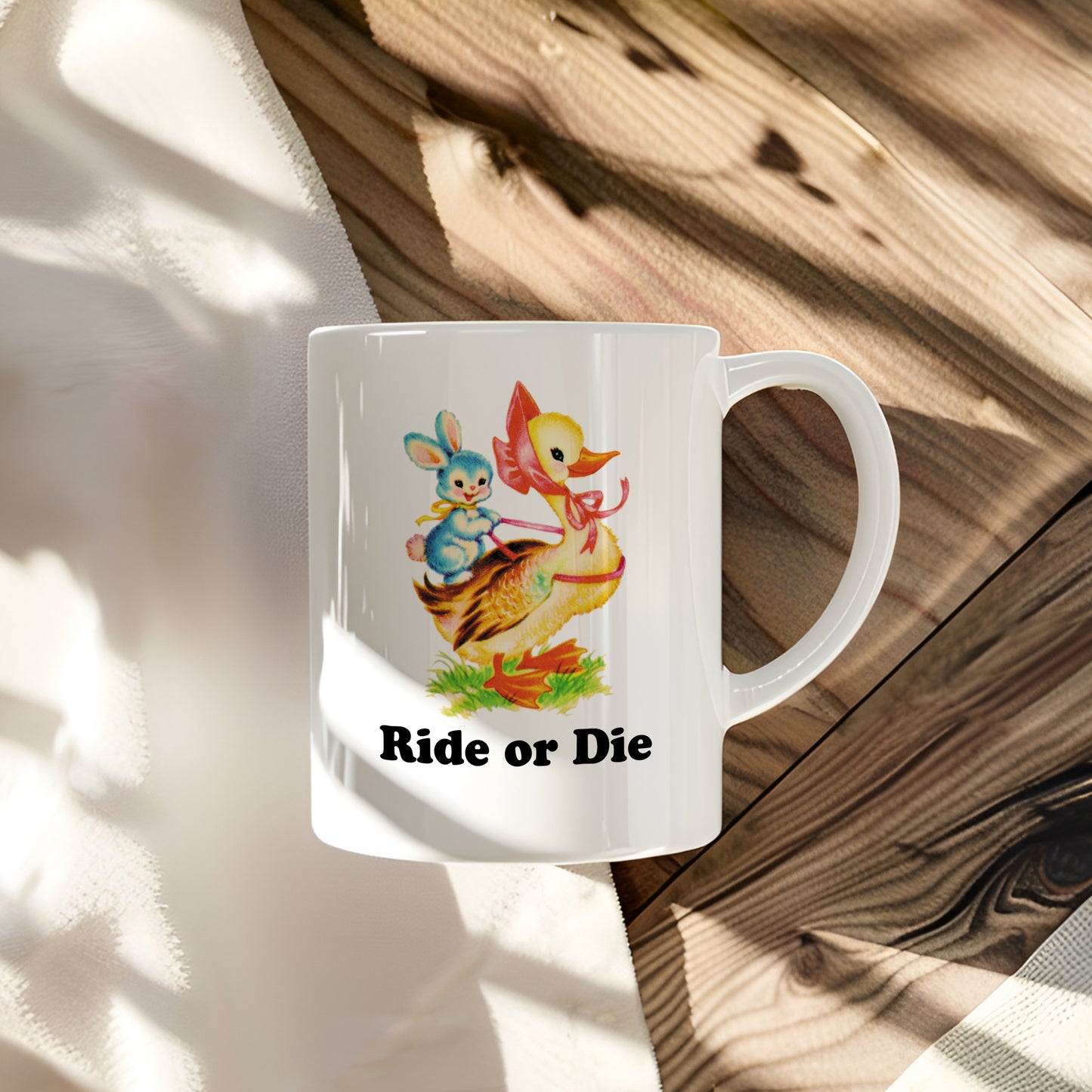 Ride or Die Vintage Storybook Duck and Rabbit Spring Characters Coffee Mug