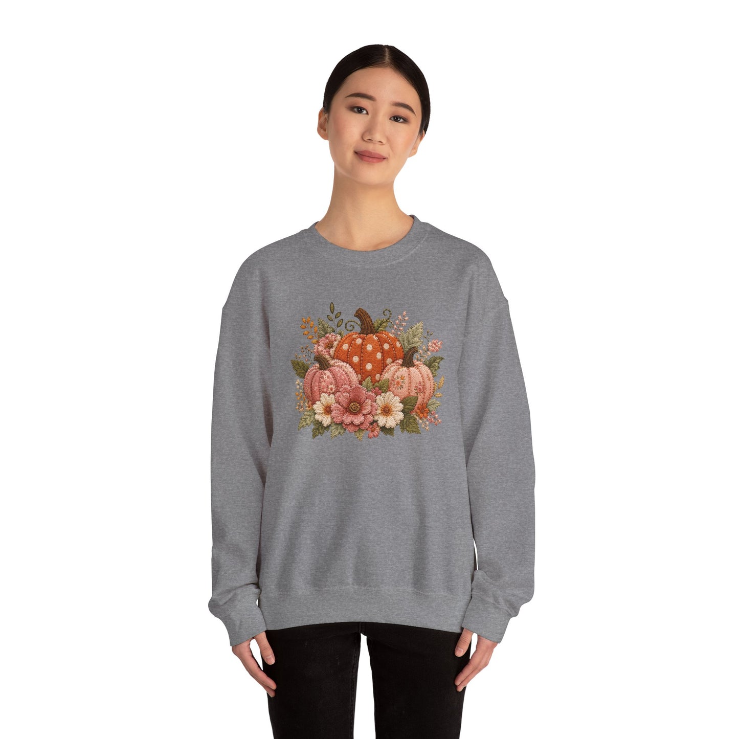 Orange & Pink Pumpkin Trio with Flower Blooms Faux Patchwork Embroidery Crewneck Sweatshirt