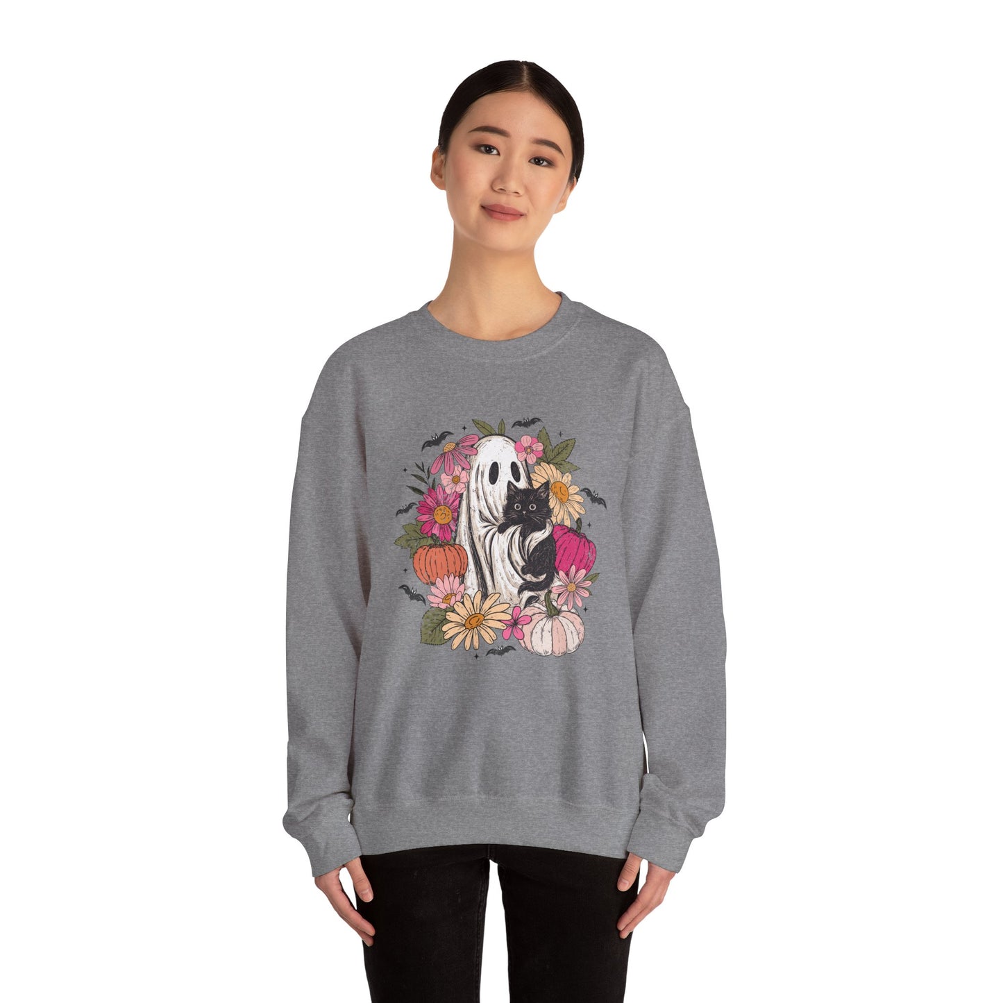 Ghost Holding Black Cat Boho Floral Halloween Crewneck Sweatshirt
