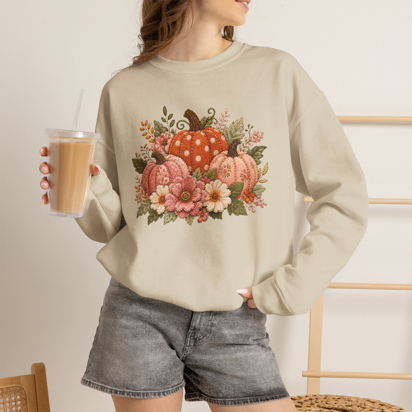Orange & Pink Pumpkin Trio with Flower Blooms Faux Patchwork Embroidery Crewneck Sweatshirt