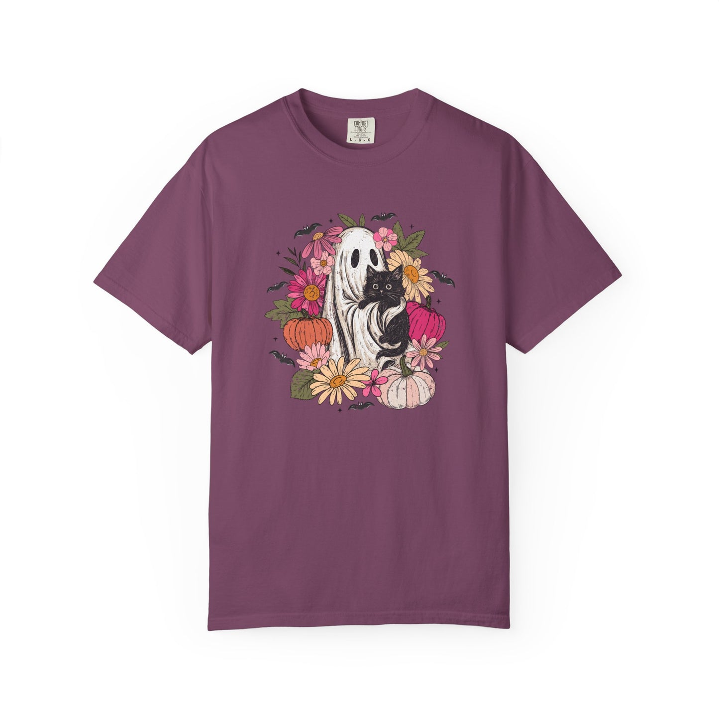Cute Boho Ghost Holding Black Cat with Flowers T-shirt