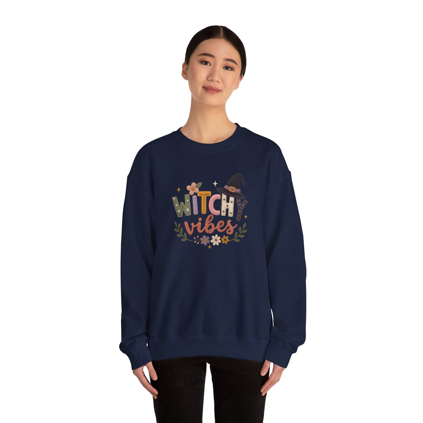 Witchy Vibes Faux Patchwork Embroidery Crewneck Sweatshirt