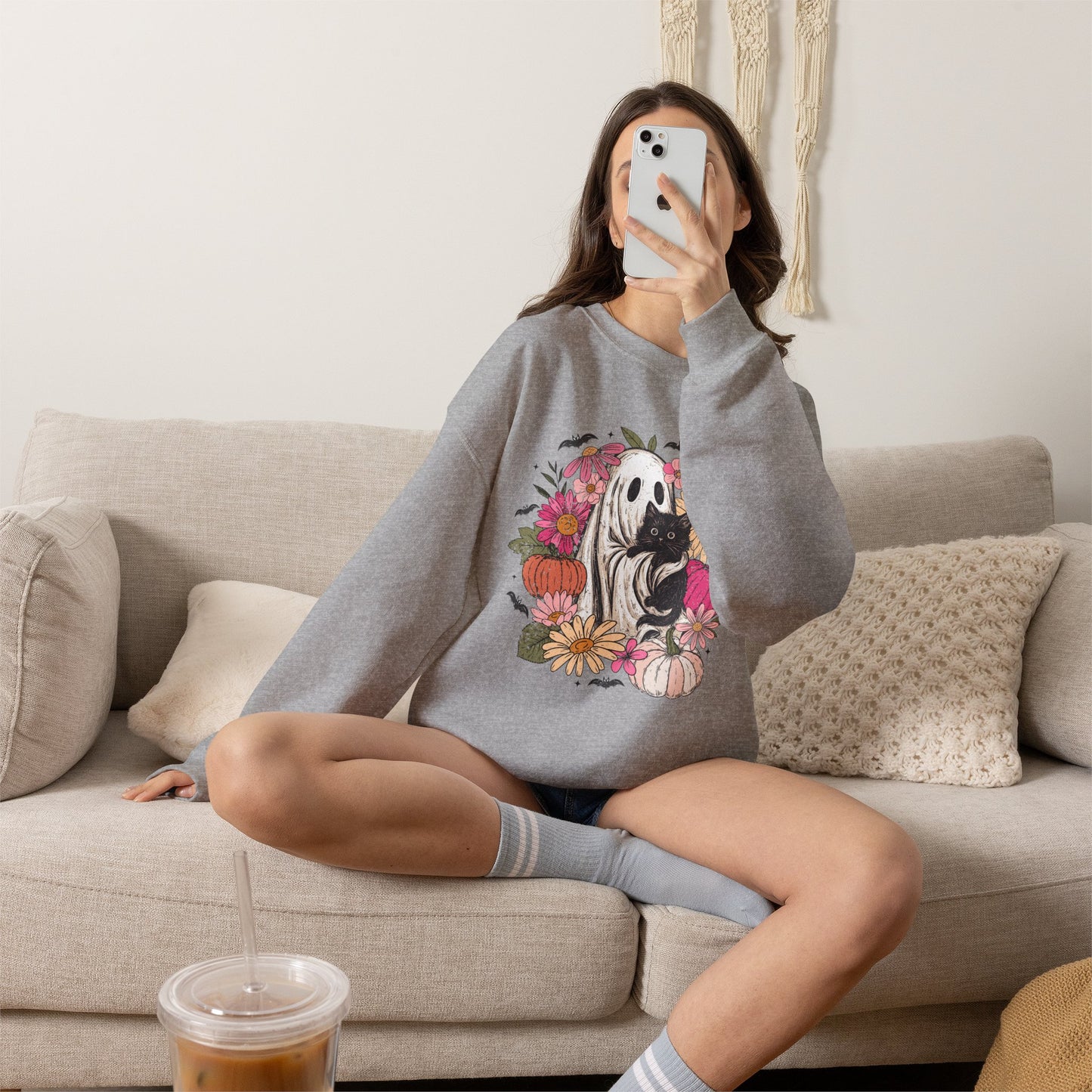 Ghost Holding Black Cat Boho Floral Halloween Crewneck Sweatshirt