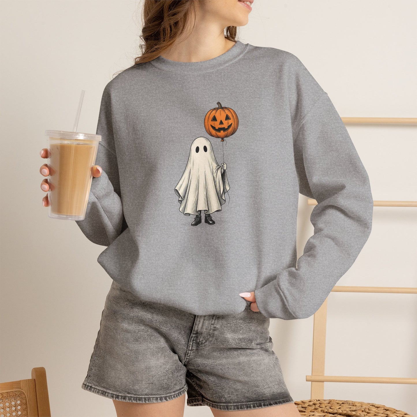 Simple Boho Ghost Holding a Pumpkin Balloon Crewneck Sweatshirt