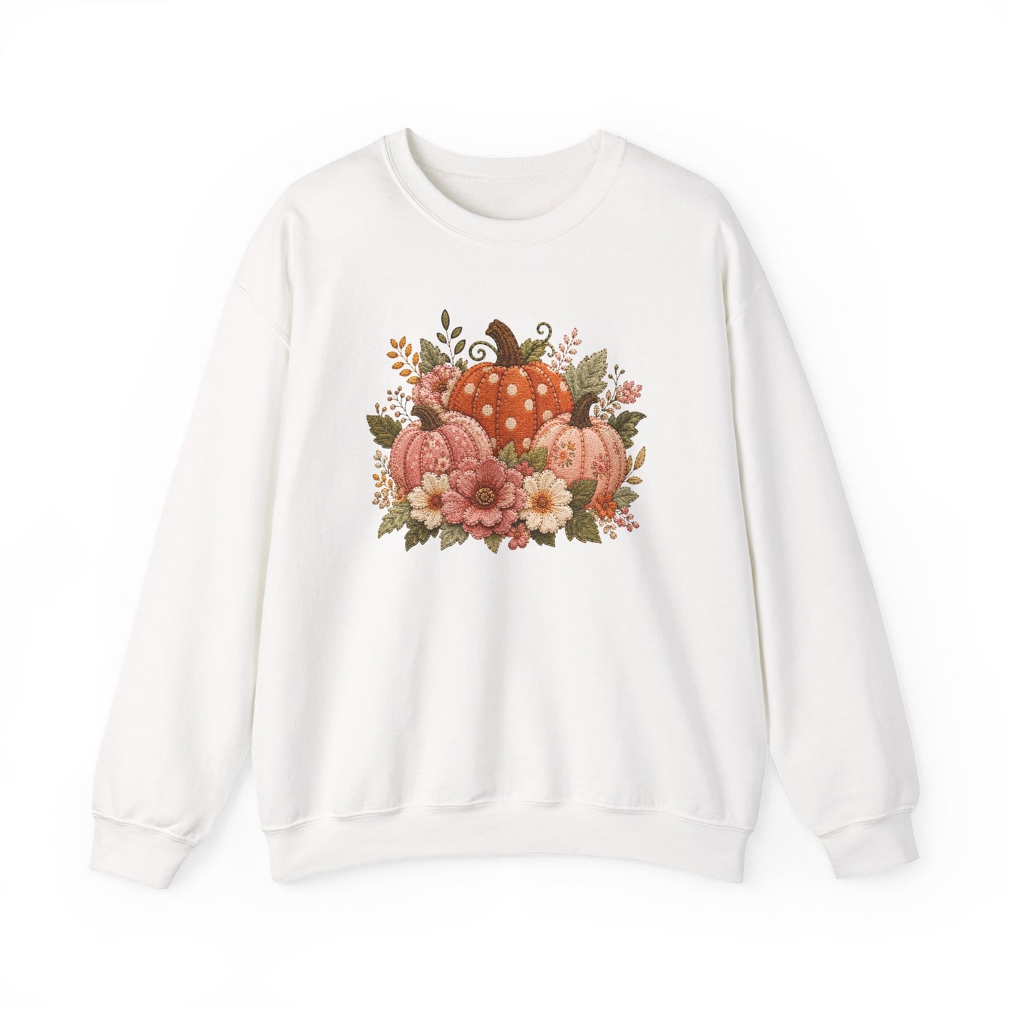 Orange & Pink Pumpkin Trio with Flower Blooms Faux Patchwork Embroidery Crewneck Sweatshirt