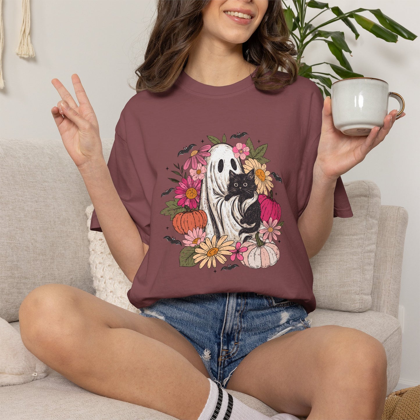 Cute Boho Ghost Holding Black Cat with Flowers T-shirt