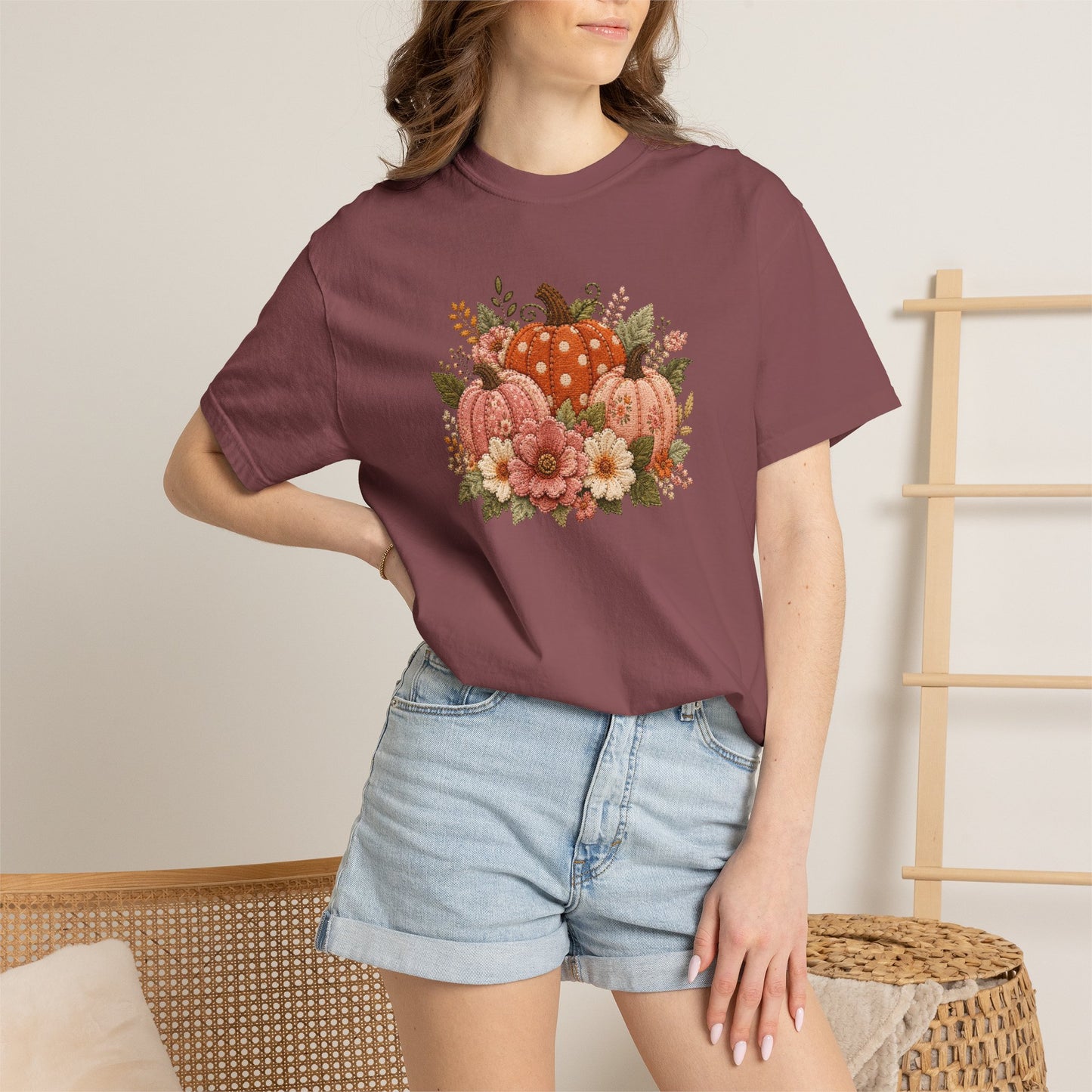 Orange & Pink Trio of Pumpkins with Flower Blooms Faux Patchwork Embroidery T-shirt