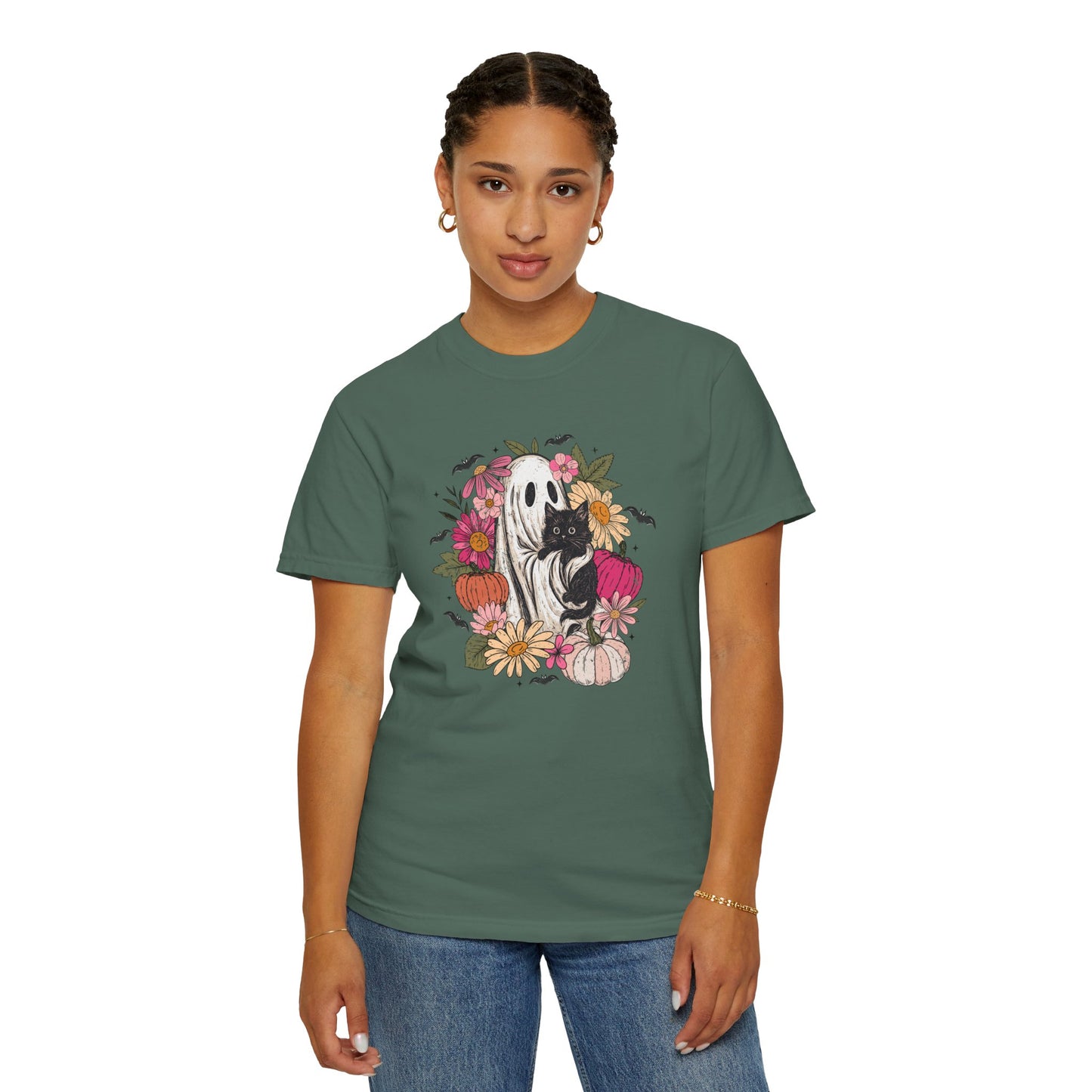 Cute Boho Ghost Holding Black Cat with Flowers T-shirt