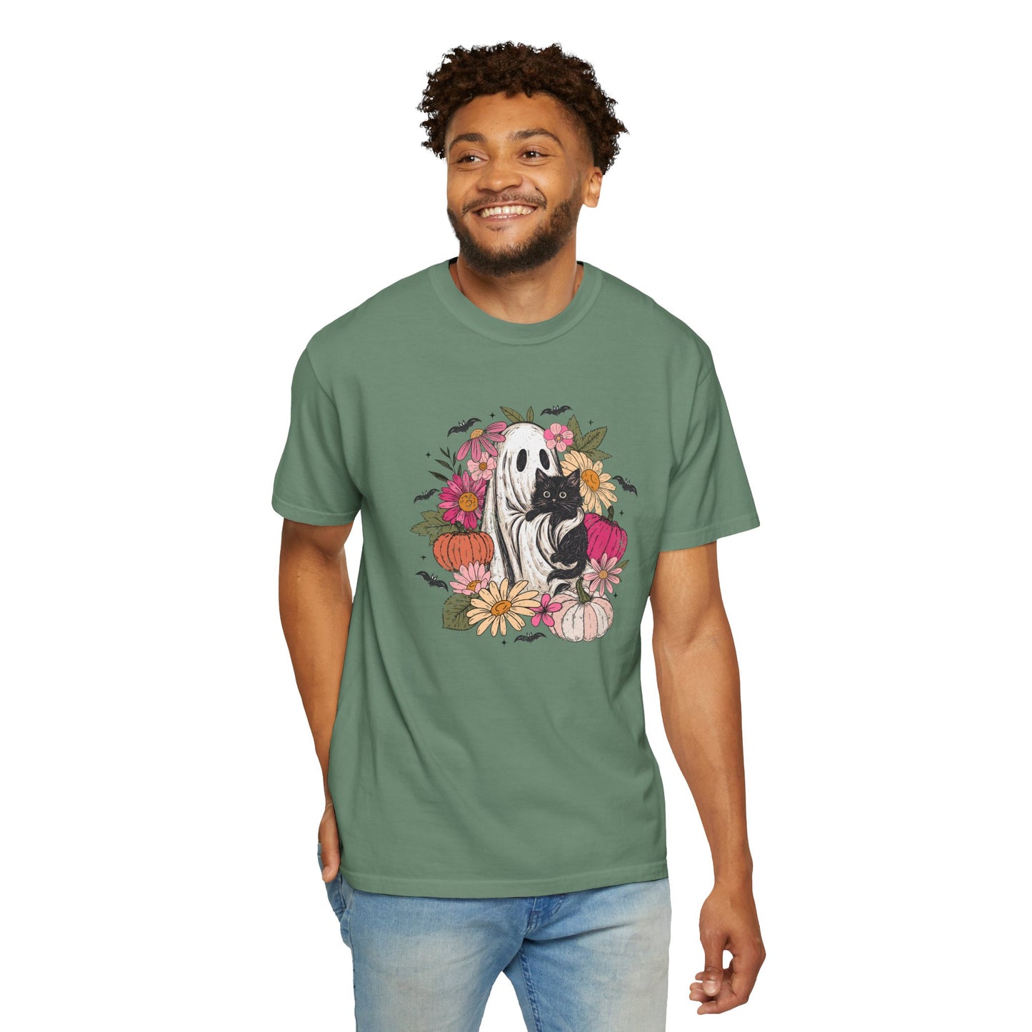 Cute Boho Ghost Holding Black Cat with Flowers T-shirt
