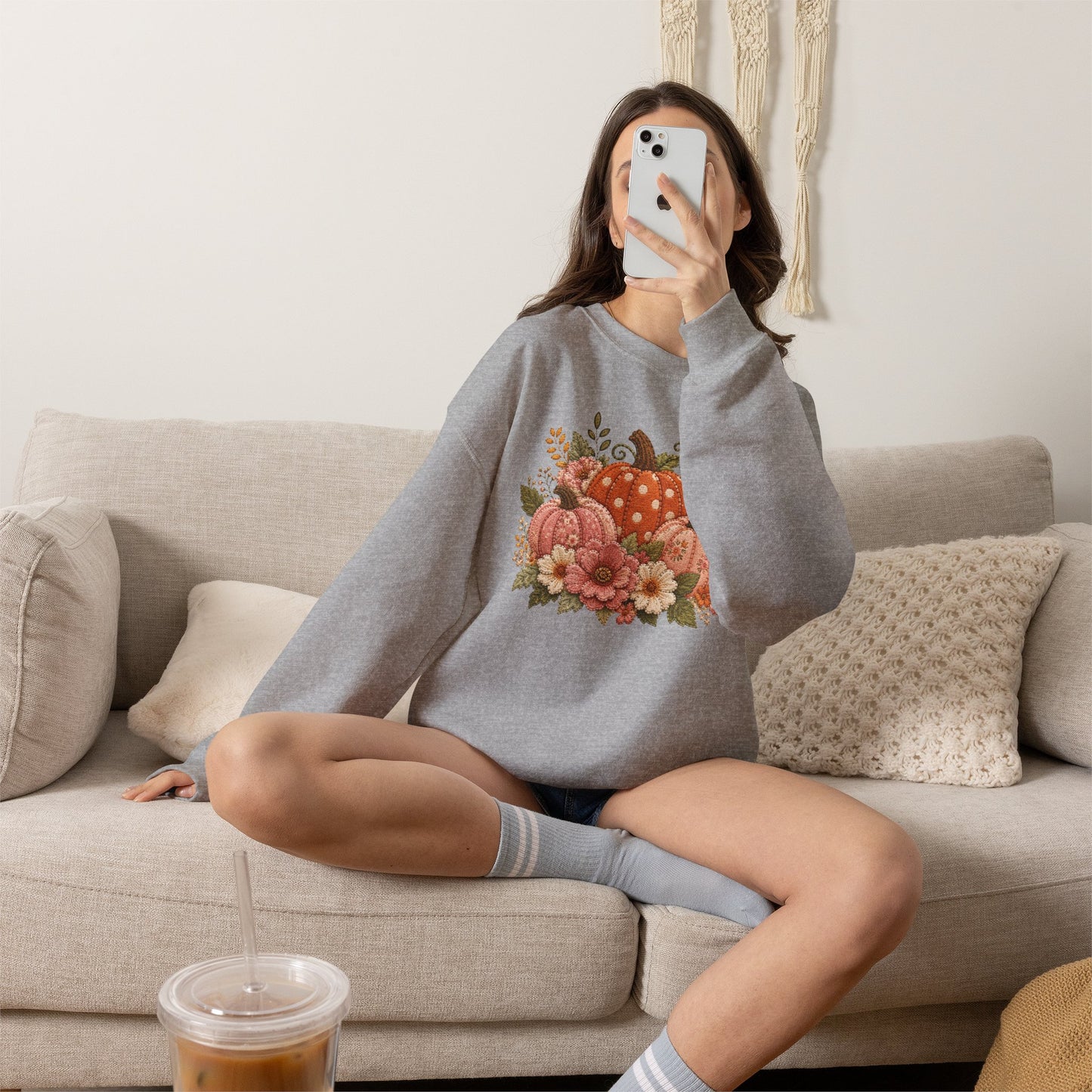 Orange & Pink Pumpkin Trio with Flower Blooms Faux Patchwork Embroidery Crewneck Sweatshirt