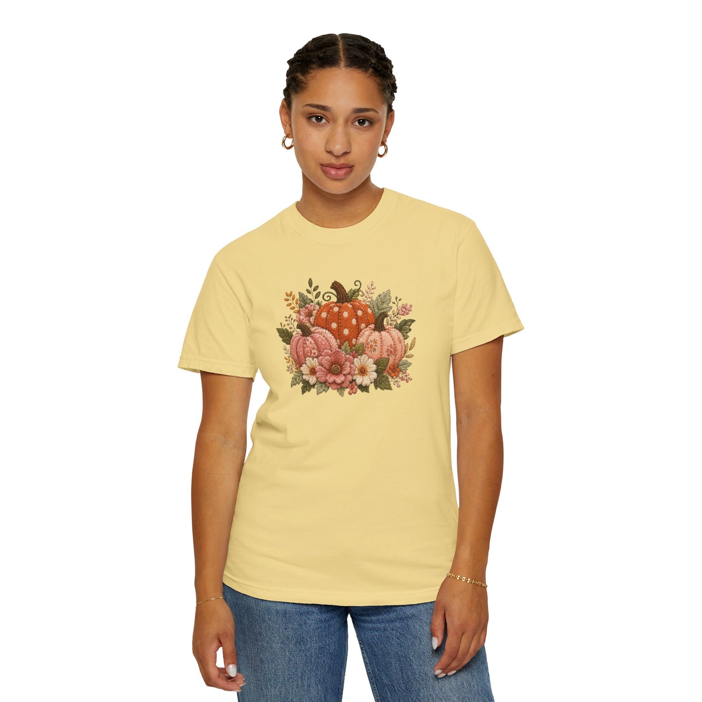 Orange & Pink Trio of Pumpkins with Flower Blooms Faux Patchwork Embroidery T-shirt