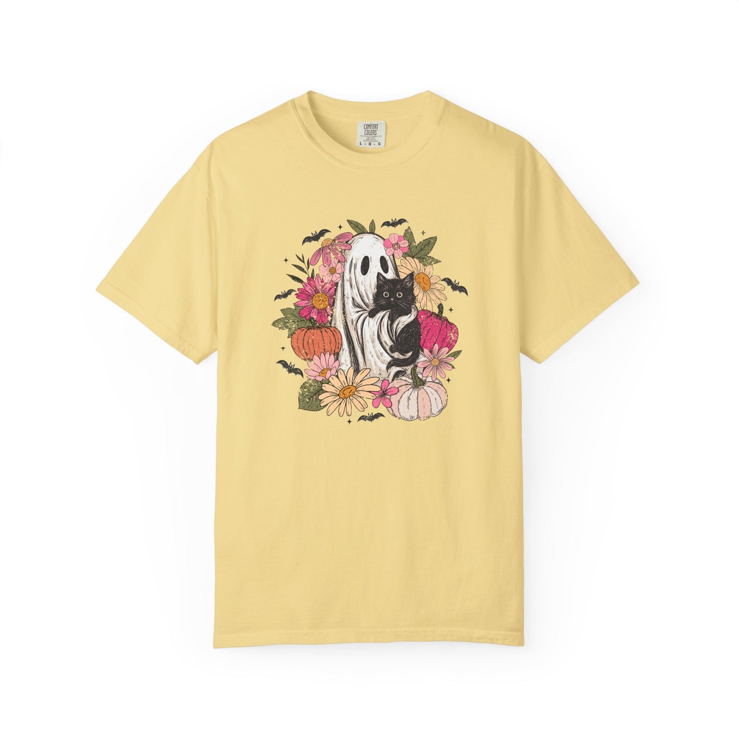 Cute Boho Ghost Holding Black Cat with Flowers T-shirt