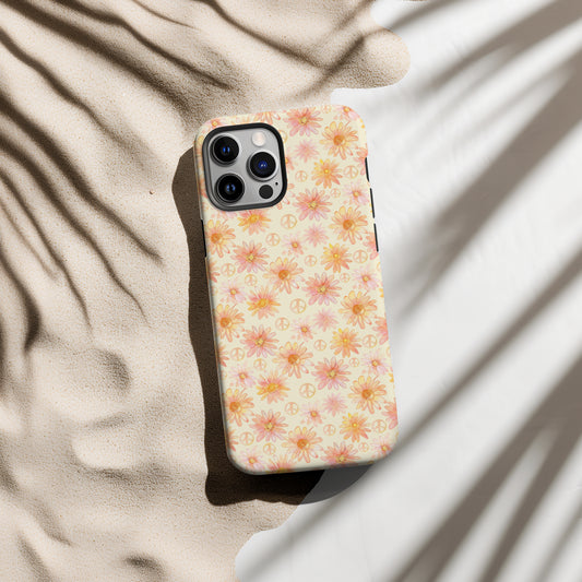 Retro Daisy and Peace Sign Pink and Orange Phone Case - iPhone & Samsung Galaxy -  Floral Tough Phone Case - Vintage Aesthetic