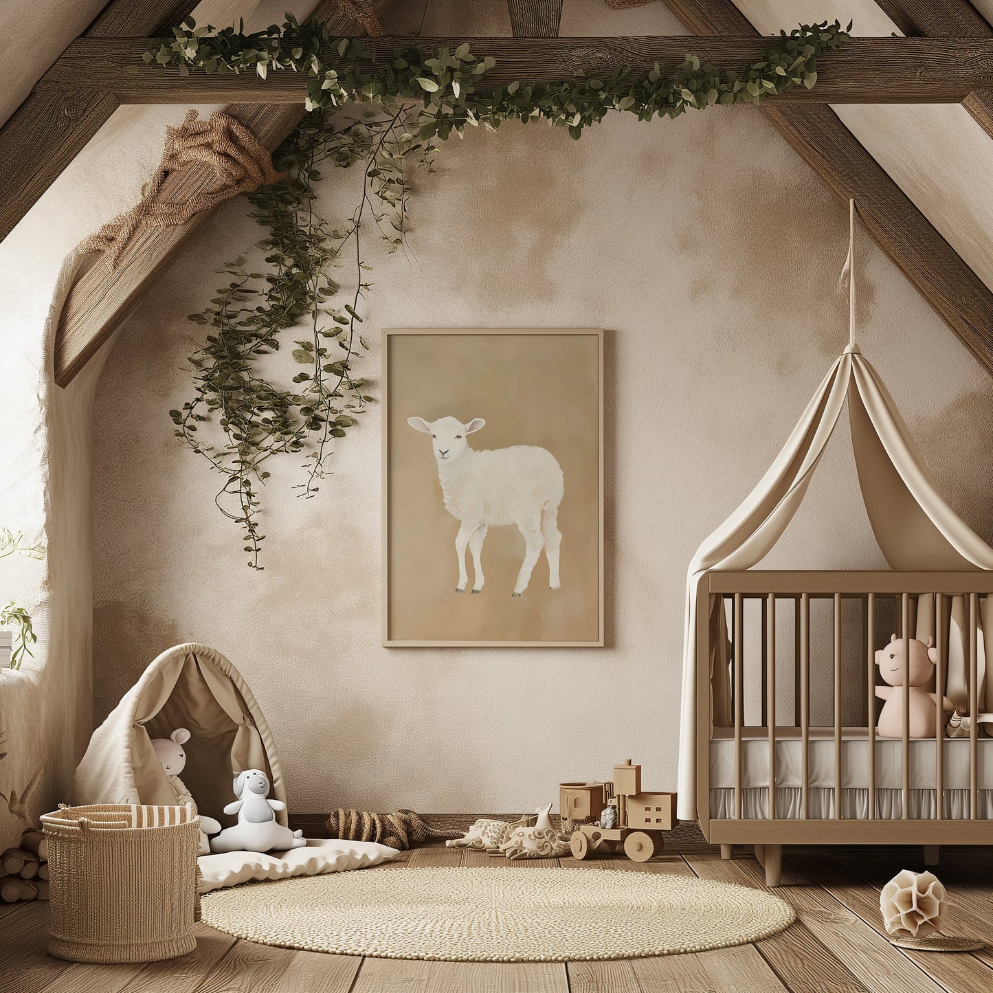 Whimsical Neutral Baby Lamb Matte Vertical Poster Art Print