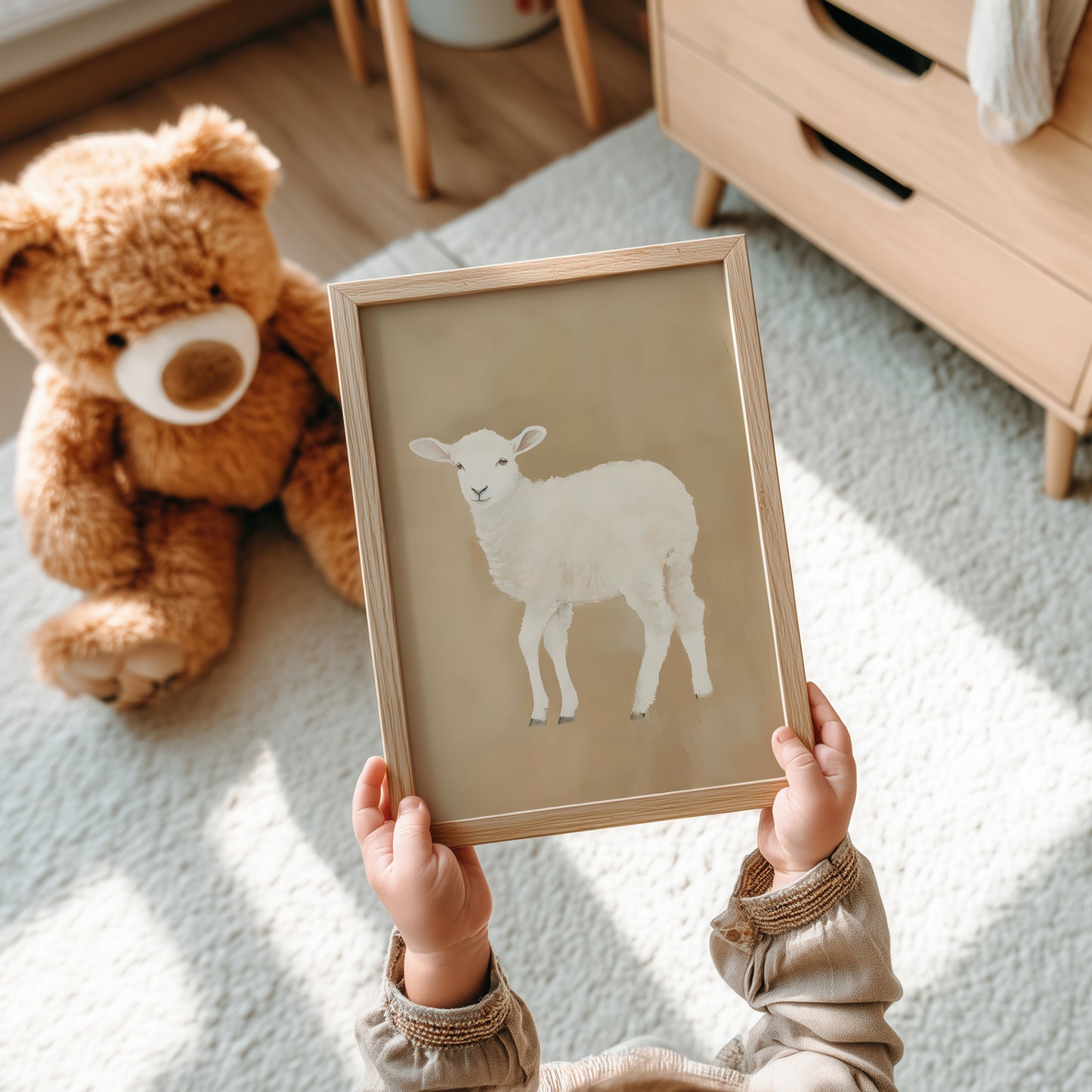 Whimsical Neutral Baby Lamb Matte Vertical Poster Art Print