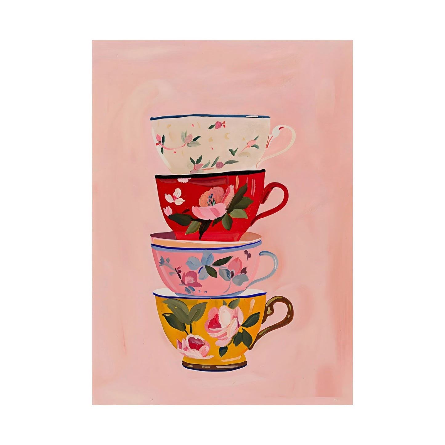 Whimsical Floral Tea Cups Matte Vertical Poster Art Print