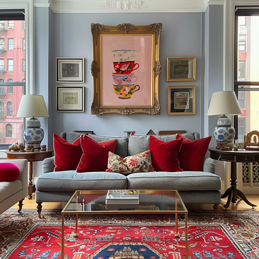 Whimsical Floral Tea Cups Matte Vertical Poster Art Print