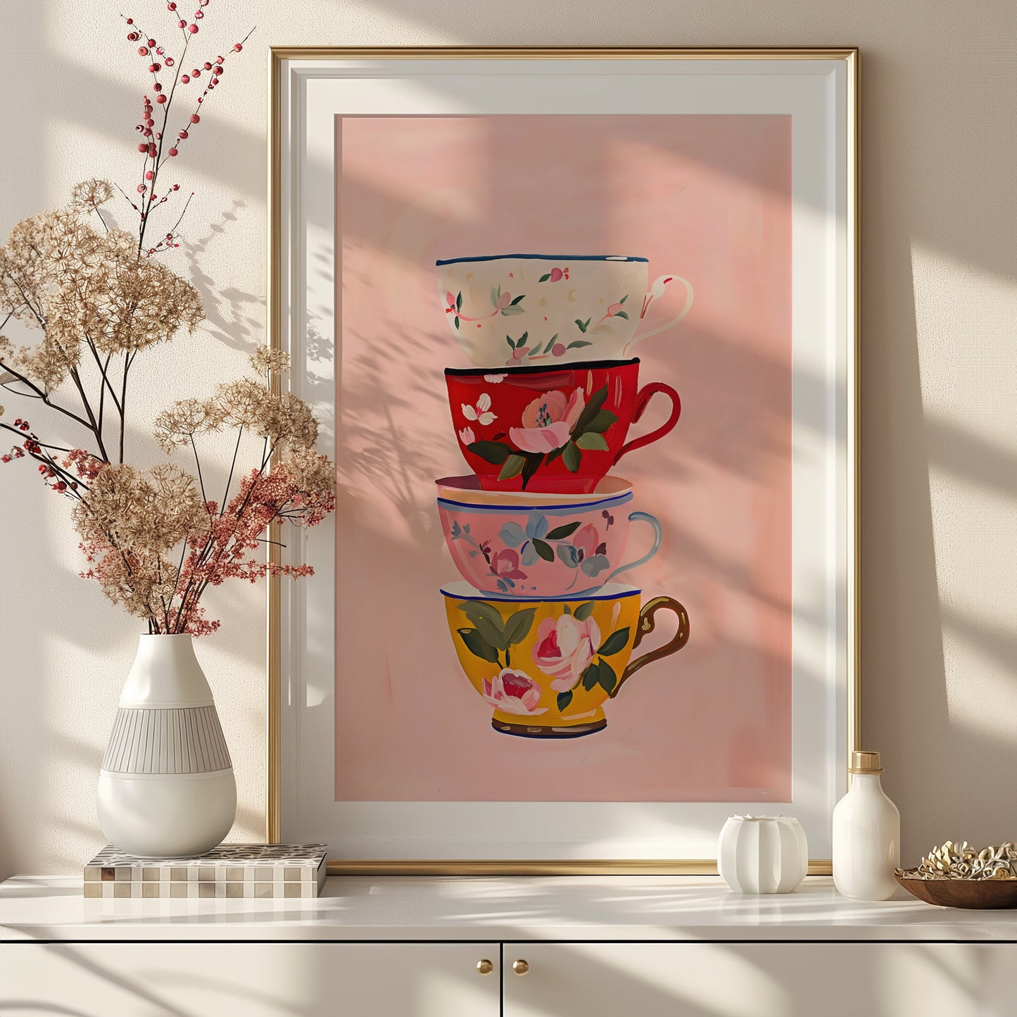 Whimsical Floral Tea Cups Matte Vertical Poster Art Print