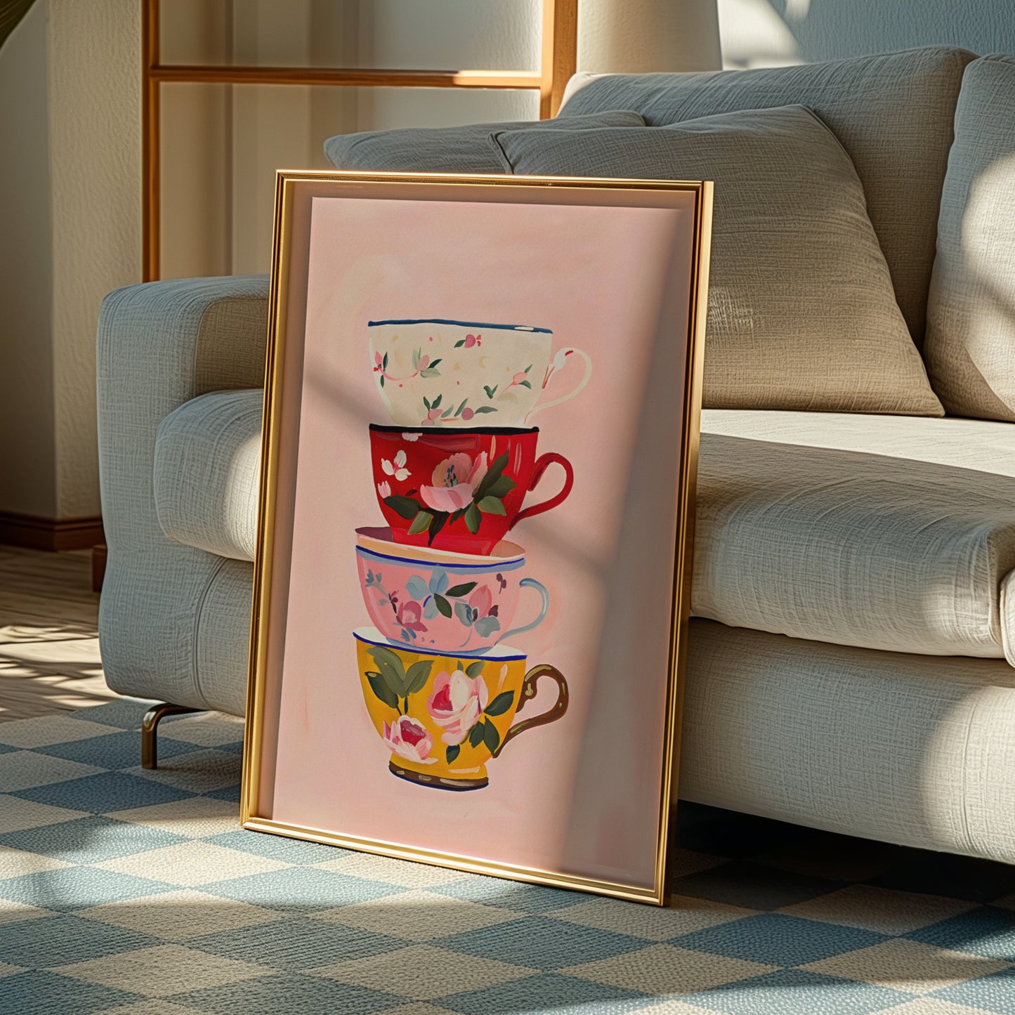 Whimsical Floral Tea Cups Matte Vertical Poster Art Print