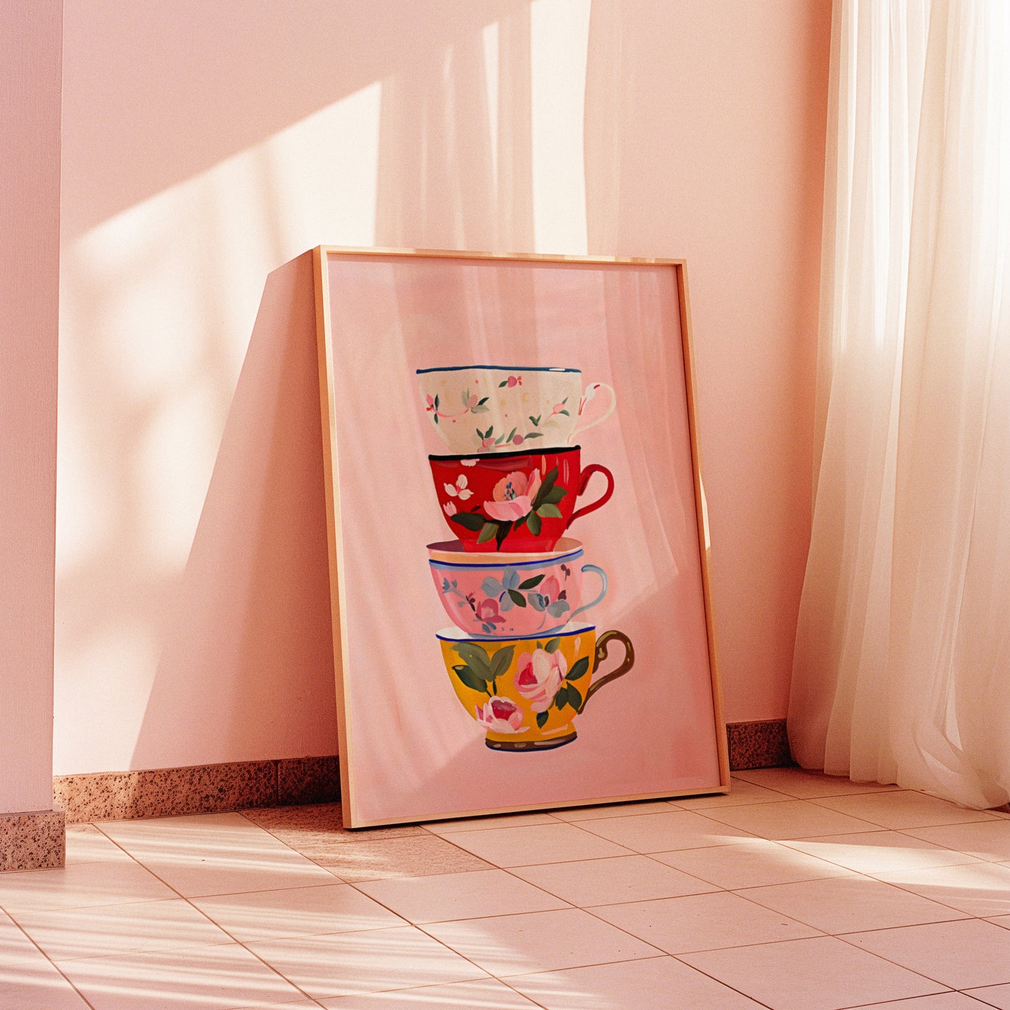 Whimsical Floral Tea Cups Matte Vertical Poster Art Print