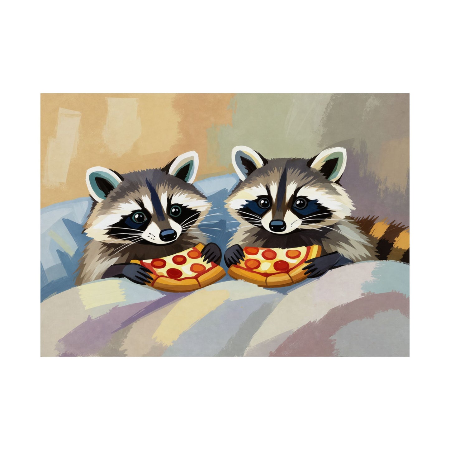 Raccoons Eating Pizza in Bed Matte Horizontal Poster Art Print