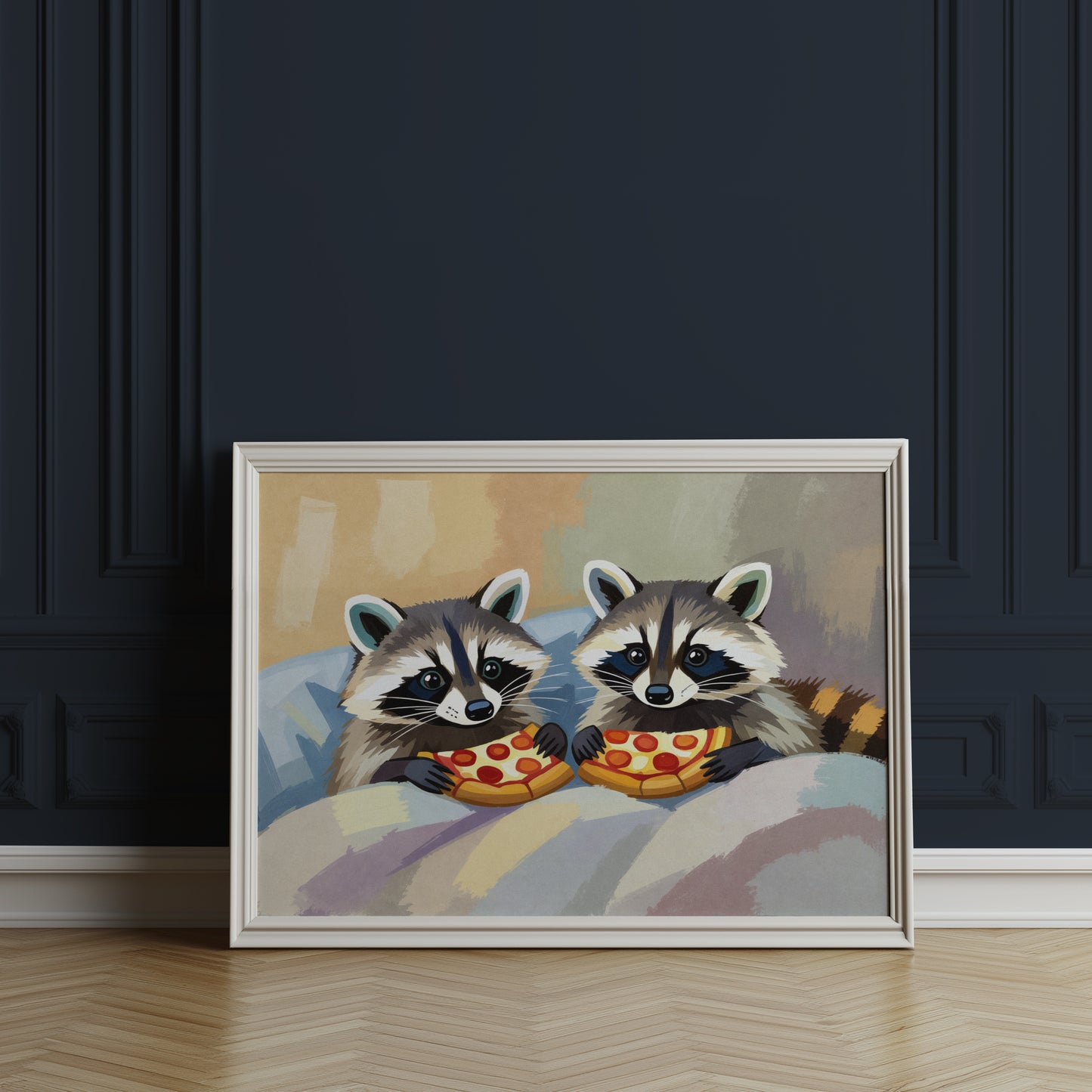 Raccoons Eating Pizza in Bed Matte Horizontal Poster Art Print