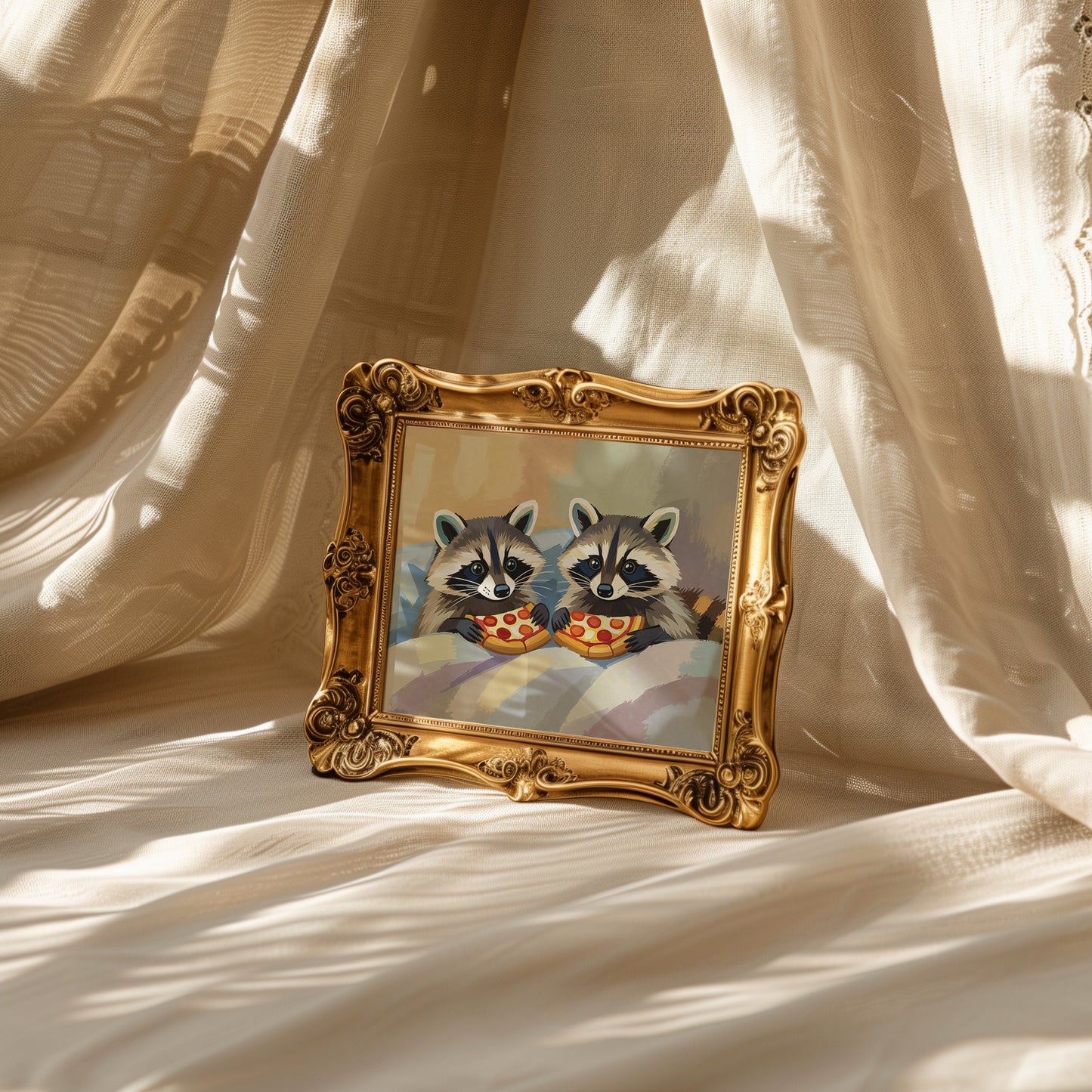 Raccoons Eating Pizza in Bed Matte Horizontal Poster Art Print