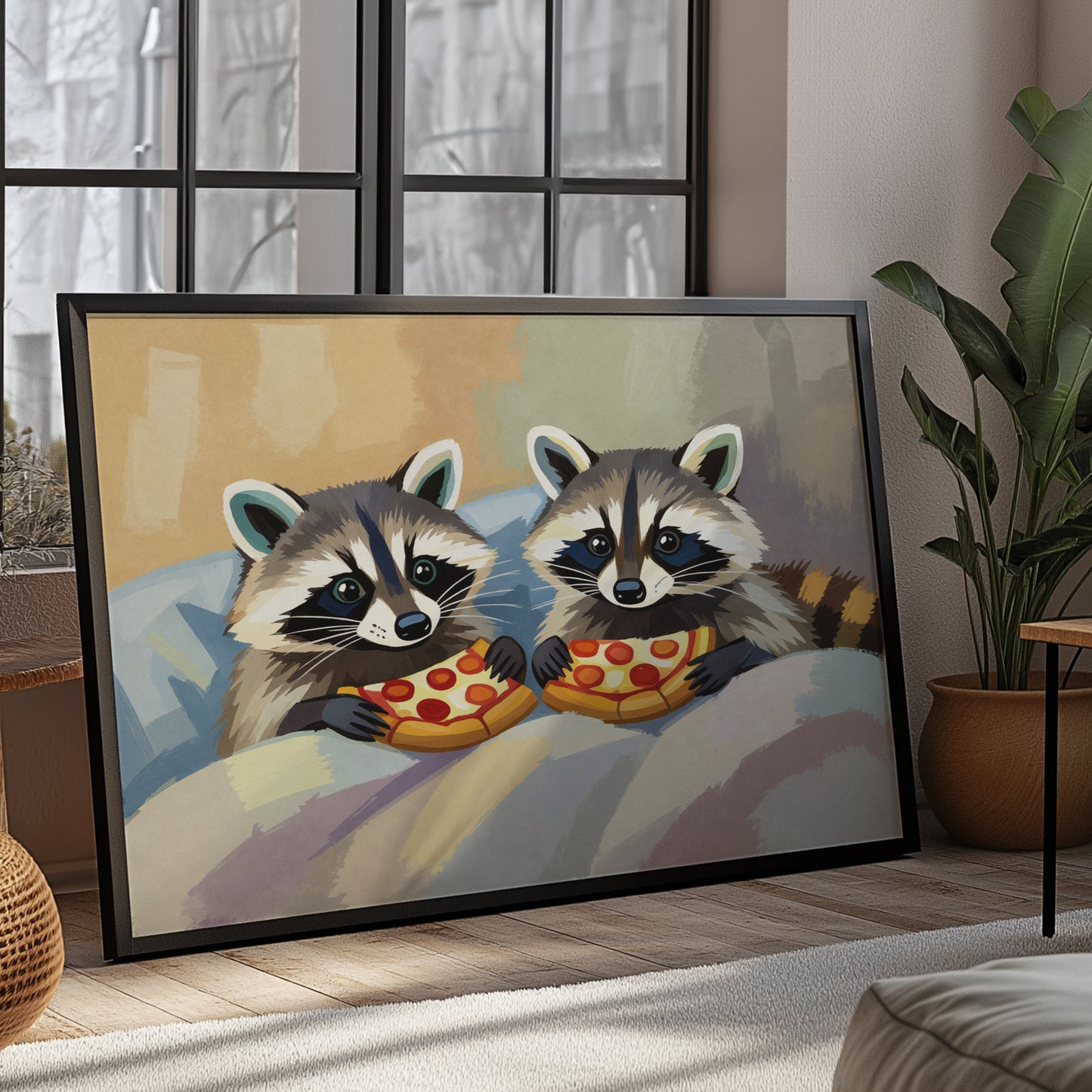 Raccoons Eating Pizza in Bed Matte Horizontal Poster Art Print