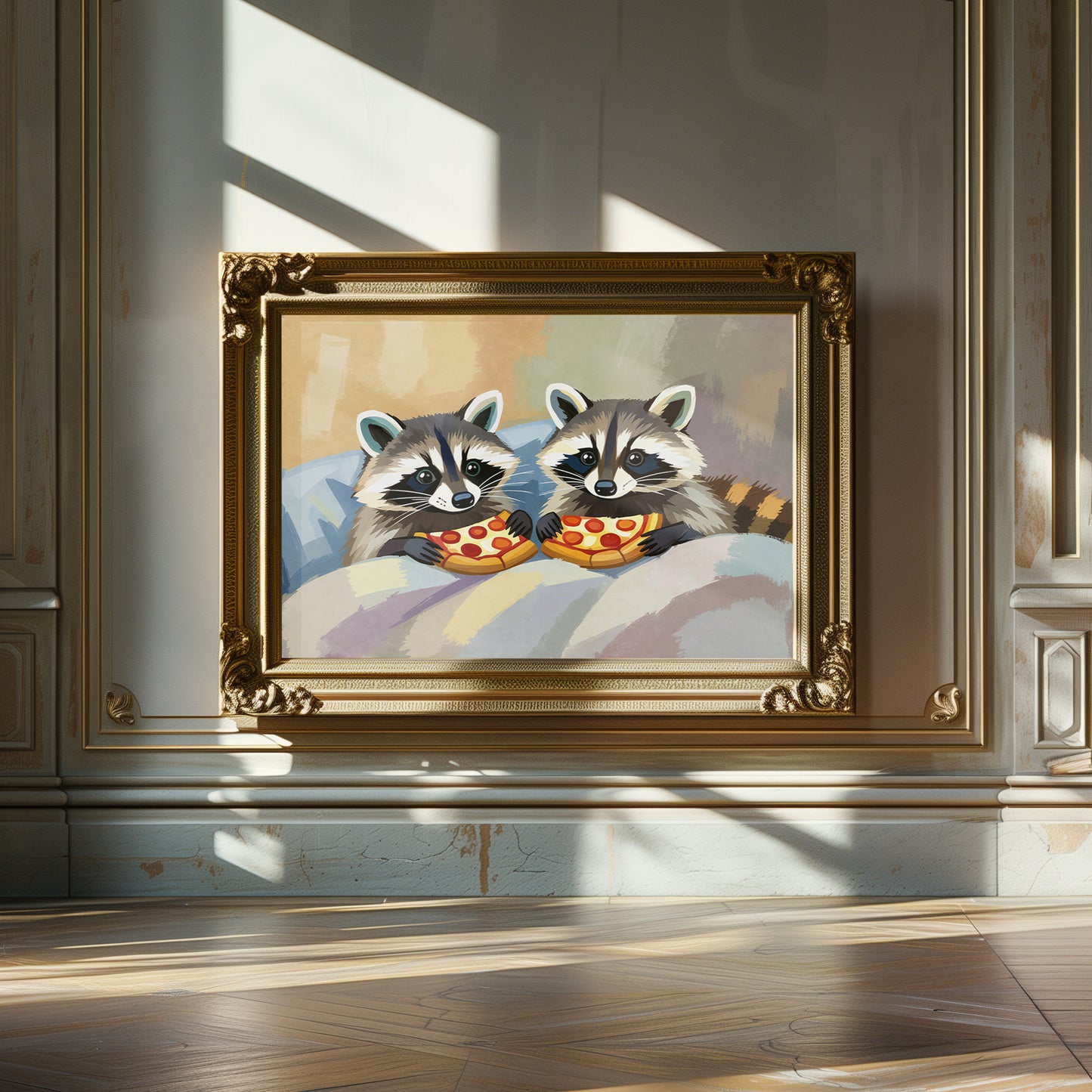 Raccoons Eating Pizza in Bed Matte Horizontal Poster Art Print