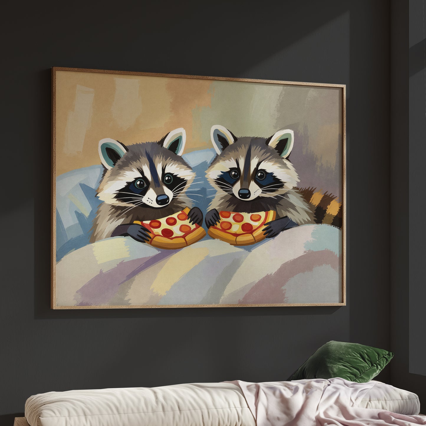 Raccoons Eating Pizza in Bed Matte Horizontal Poster Art Print