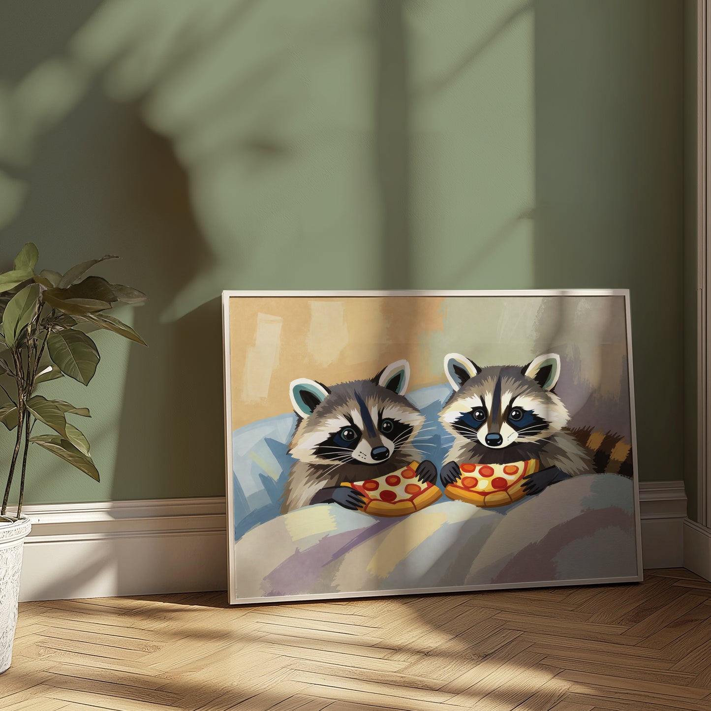 Raccoons Eating Pizza in Bed Matte Horizontal Poster Art Print