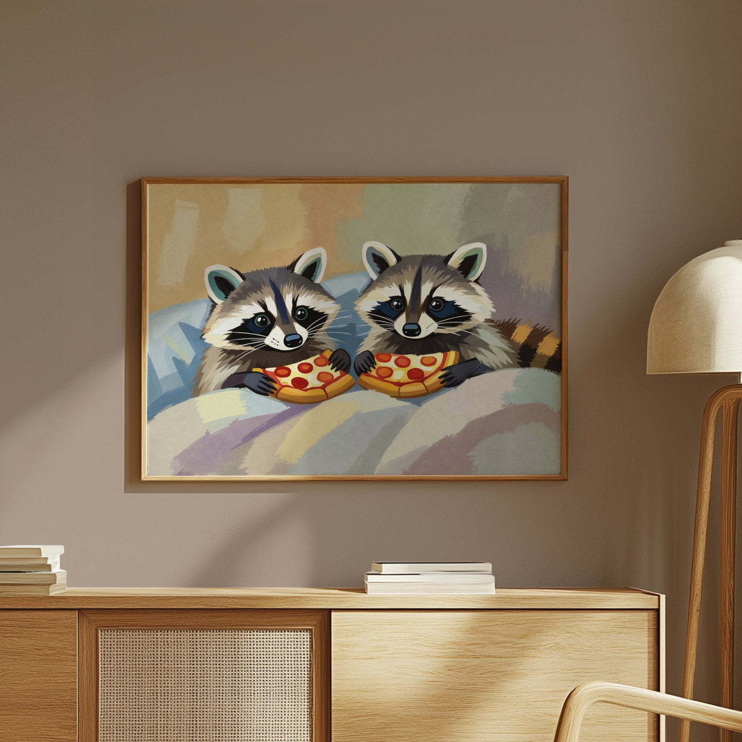 Raccoons Eating Pizza in Bed Matte Horizontal Poster Art Print