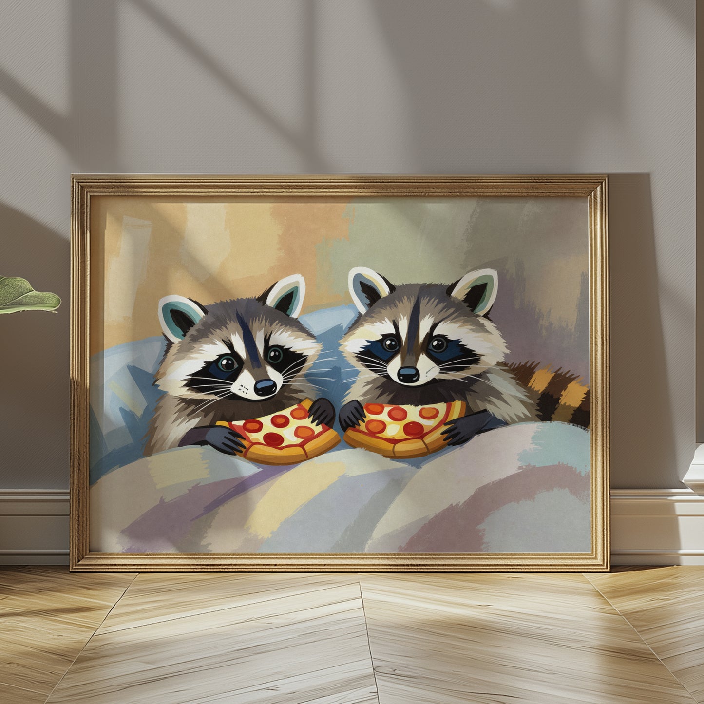 Raccoons Eating Pizza in Bed Matte Horizontal Poster Art Print