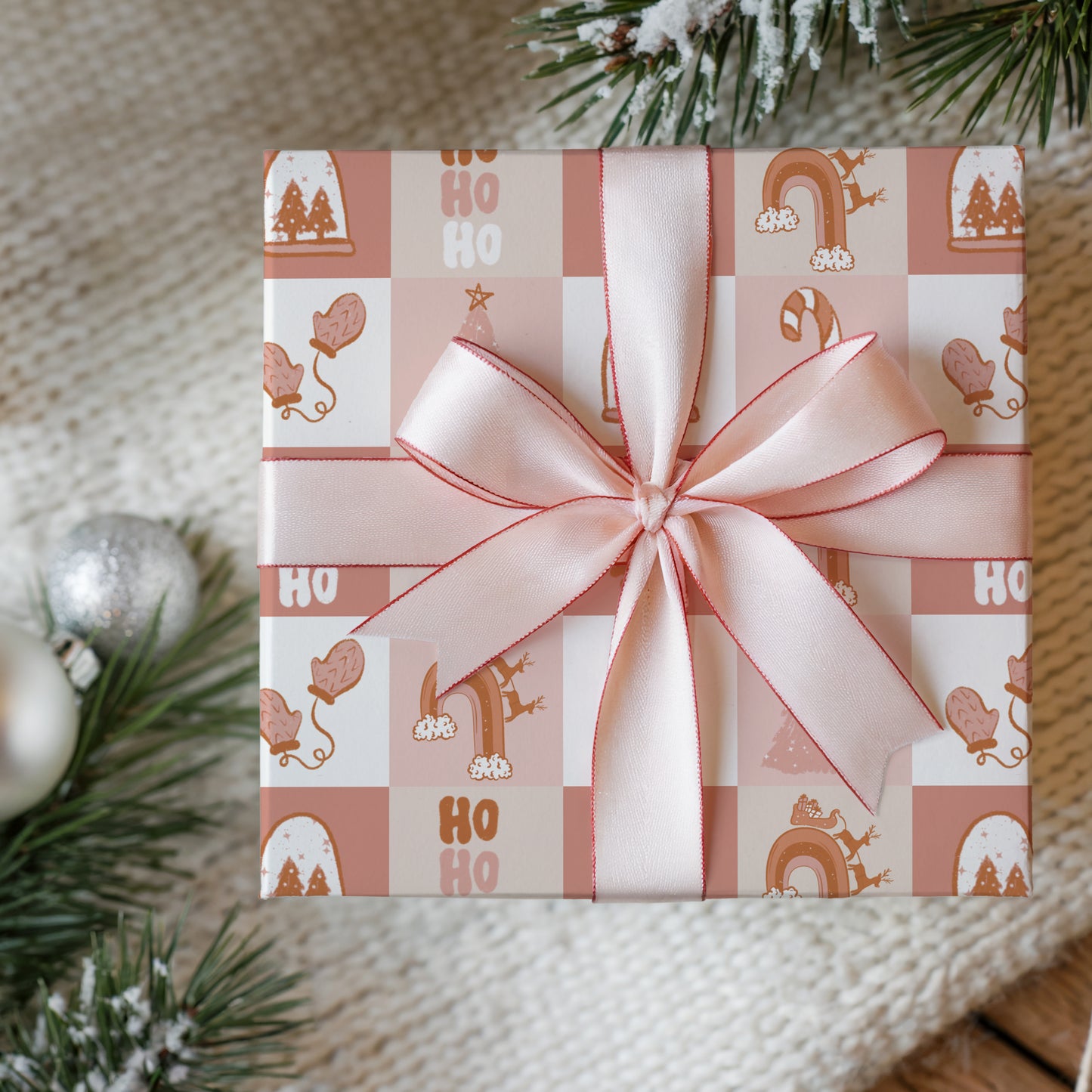 Groovy Pink and Orange Vintage Inspired Christmas Holiday Gift Wrapping Paper Sheets