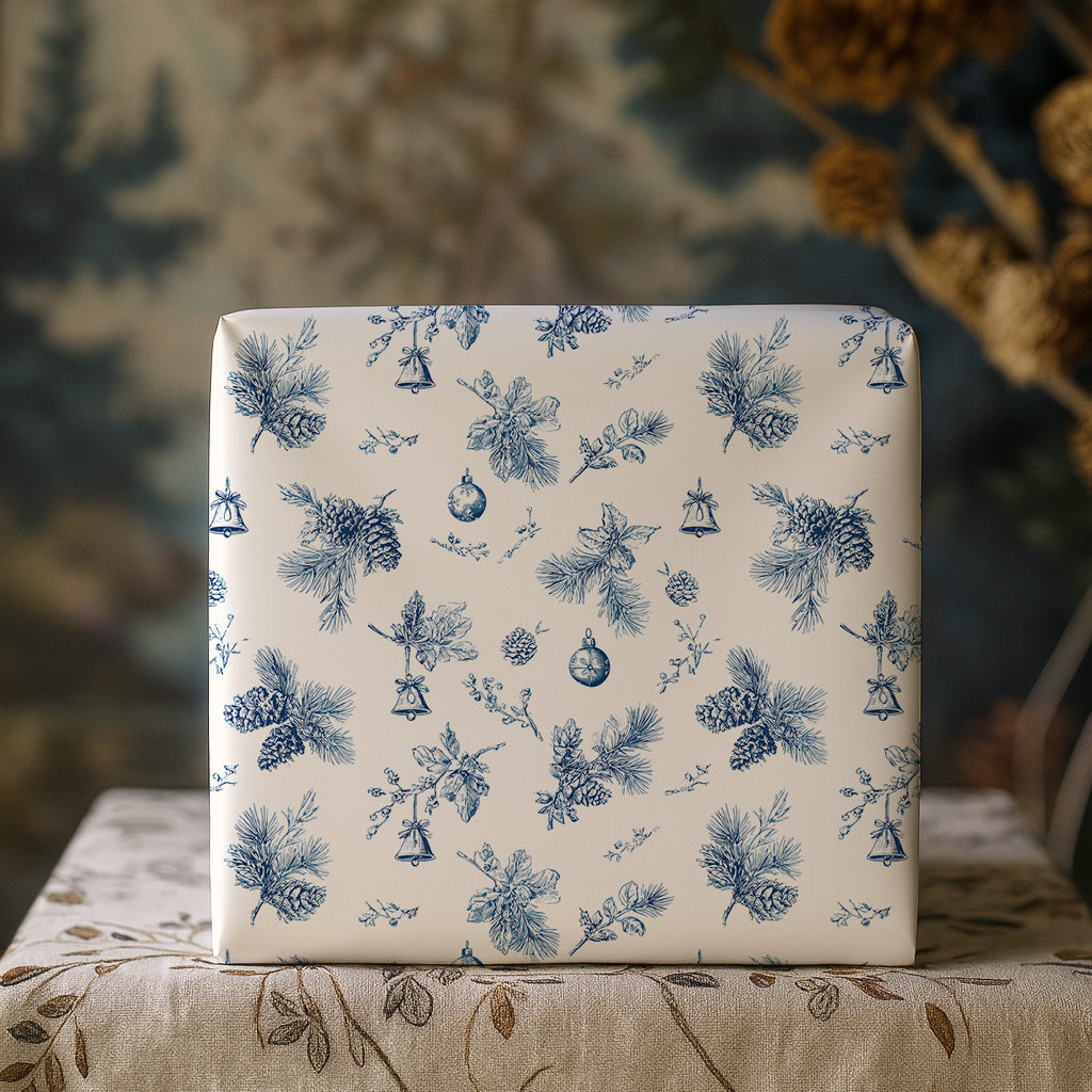Blue Pine Cone and Bell Toile de Jouy Vintage Christmas Holiday Gift Wrapping Paper Sheets