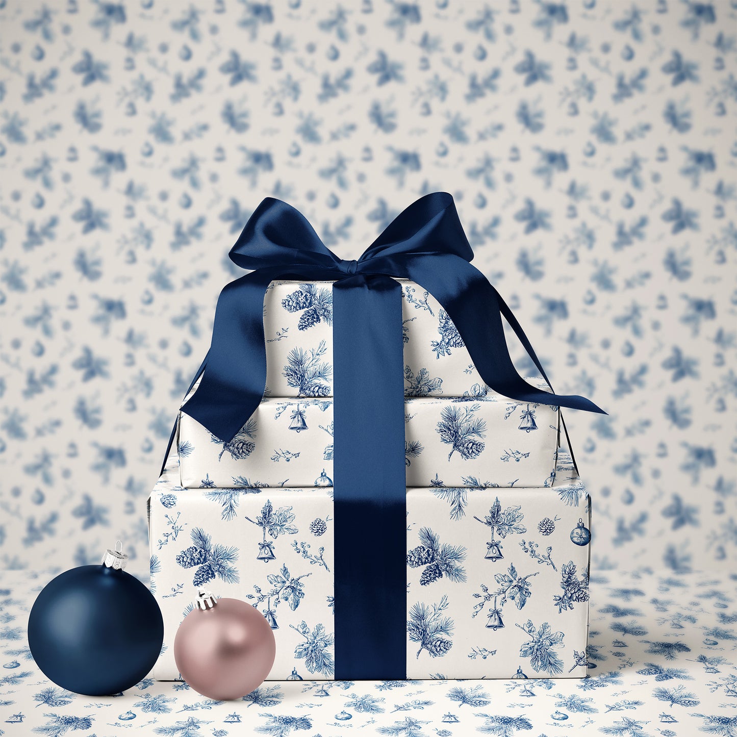 Blue Pine Cone and Bell Toile de Jouy Vintage Christmas Holiday Gift Wrapping Paper Sheets