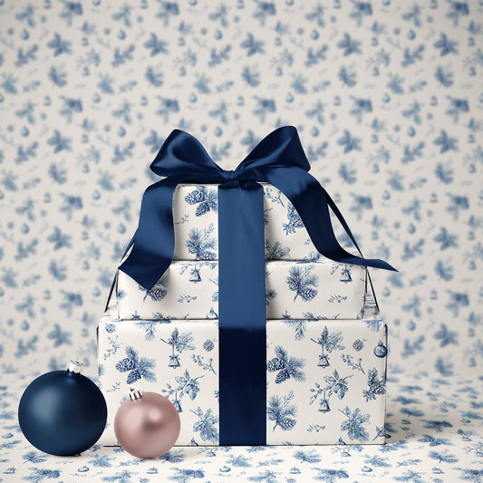 Blue Pine Cone and Bell Toile de Jouy Vintage Christmas Holiday Gift Wrapping Paper Sheets