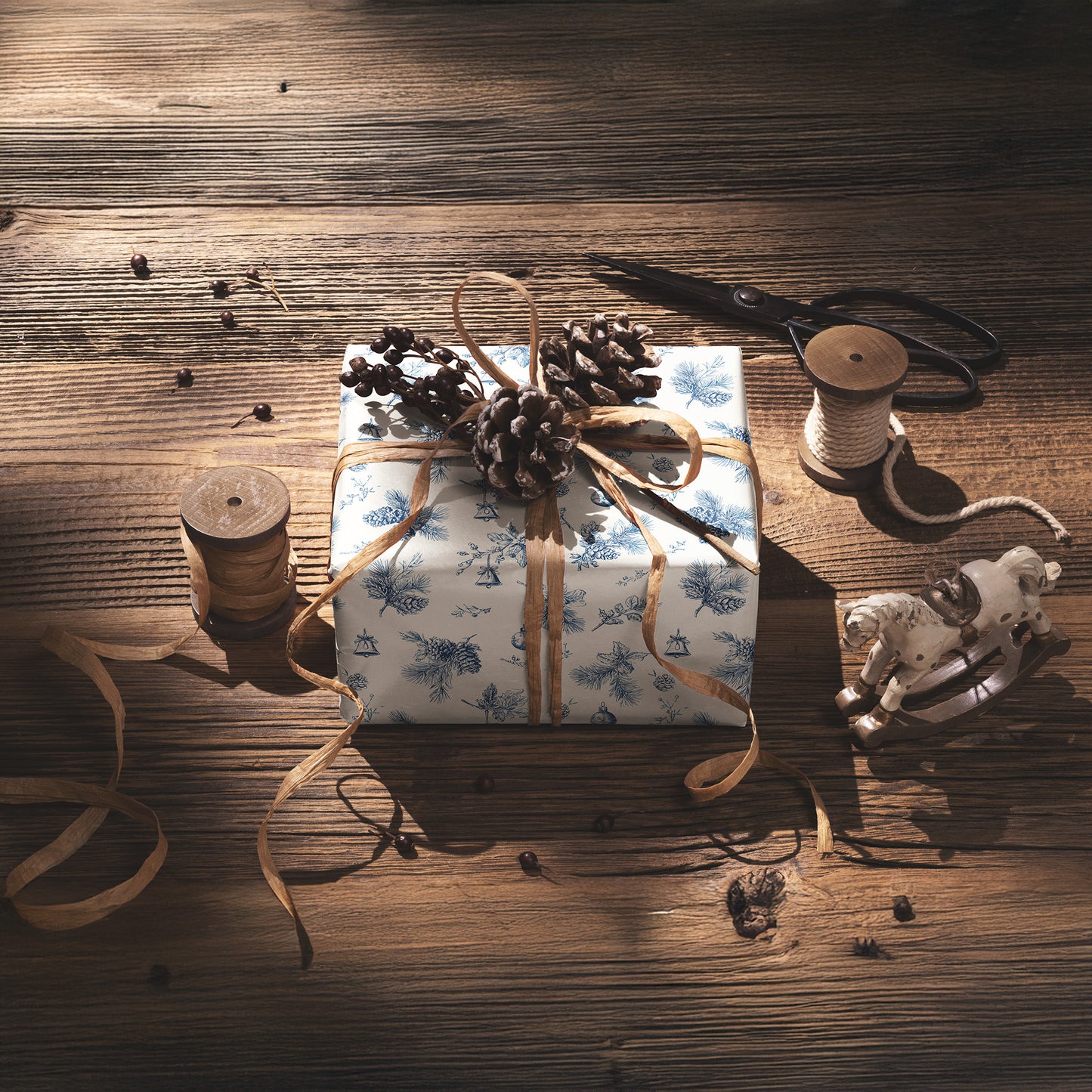 Blue Pine Cone and Bell Toile de Jouy Vintage Christmas Holiday Gift Wrapping Paper Sheets