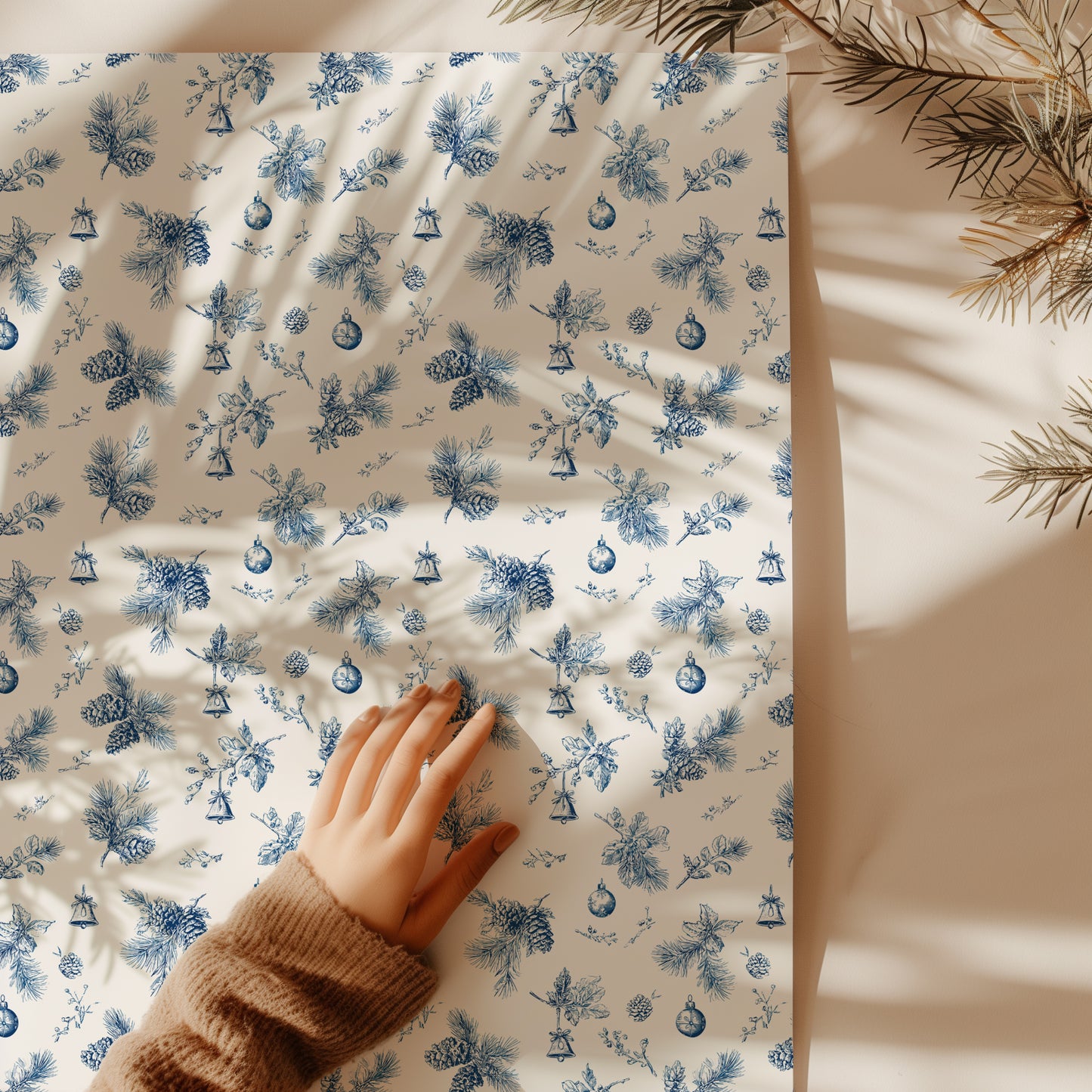 Blue Pine Cone and Bell Toile de Jouy Vintage Christmas Holiday Gift Wrapping Paper Sheets