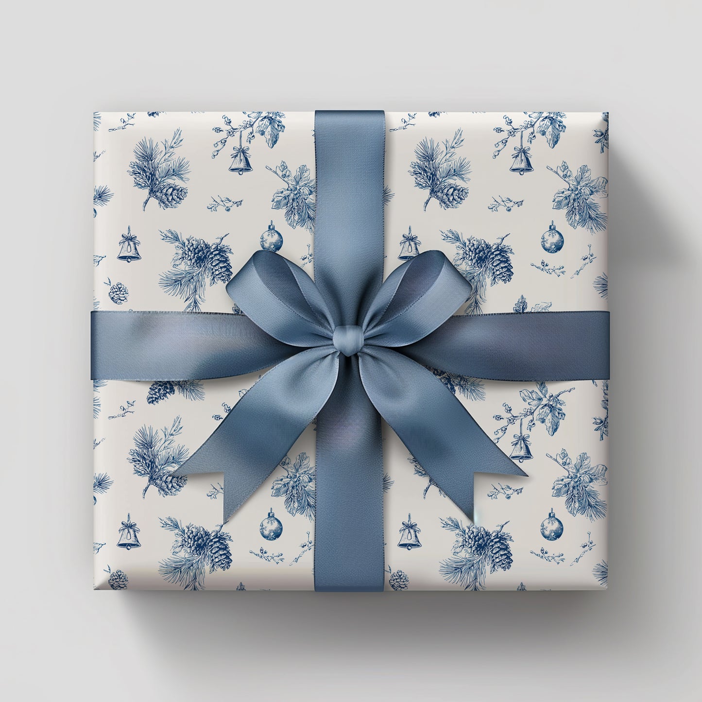 Blue Pine Cone and Bell Toile de Jouy Vintage Christmas Holiday Gift Wrapping Paper Sheets