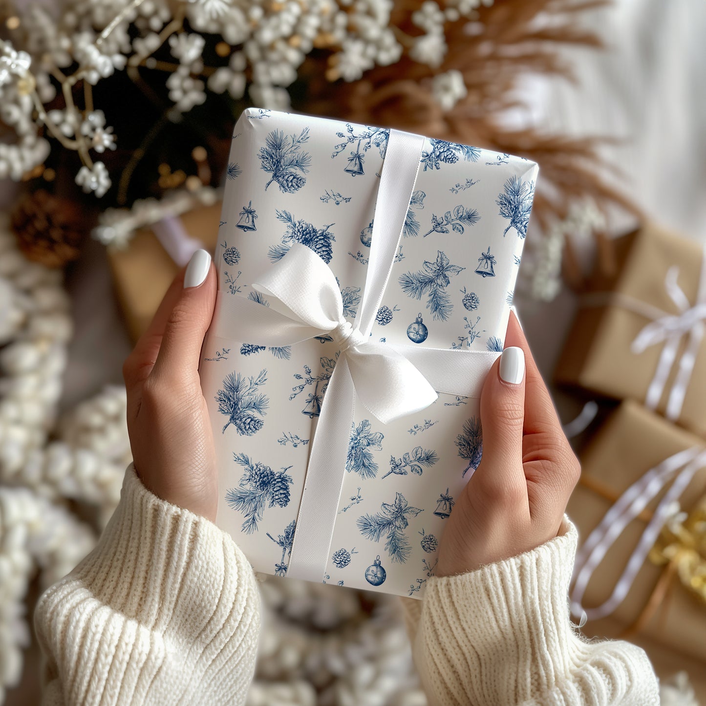 Blue Pine Cone and Bell Toile de Jouy Vintage Christmas Holiday Gift Wrapping Paper Sheets