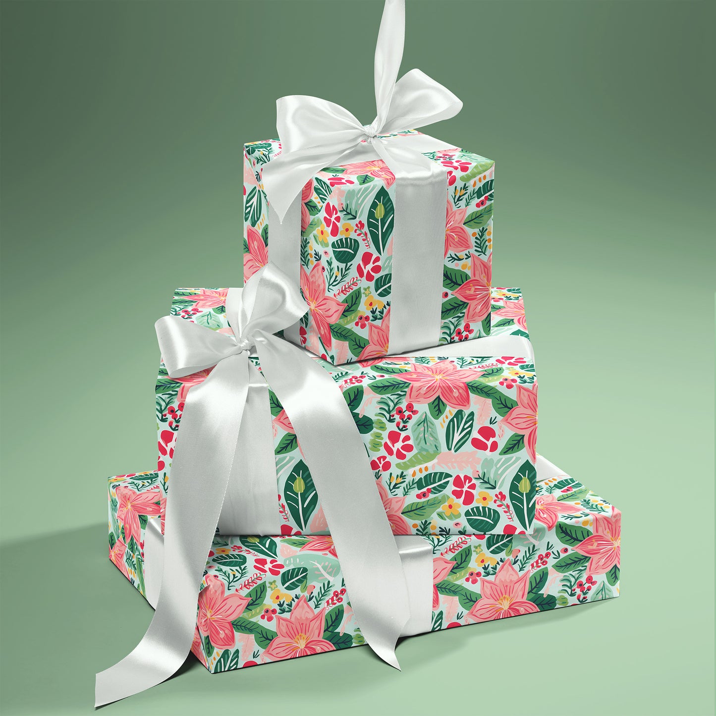 Pink and Green Poinsettia Cozy Christmas Gift Wrapping Paper Sheets