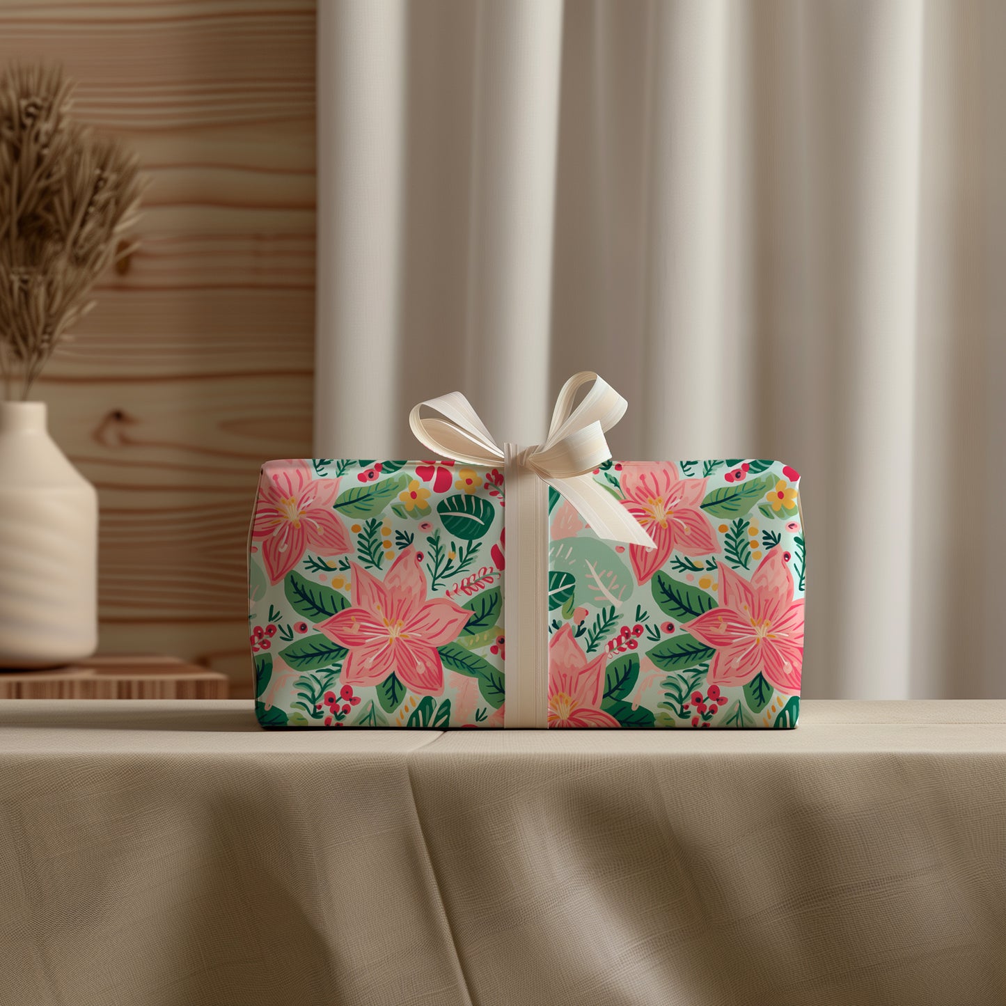 Pink and Green Poinsettia Cozy Christmas Gift Wrapping Paper Sheets